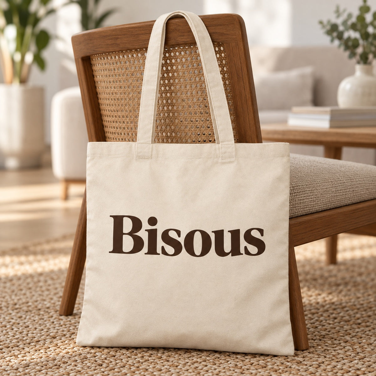 Tote bag « Bisous » Essentiel posé contre une chaise dans un intérieur clair