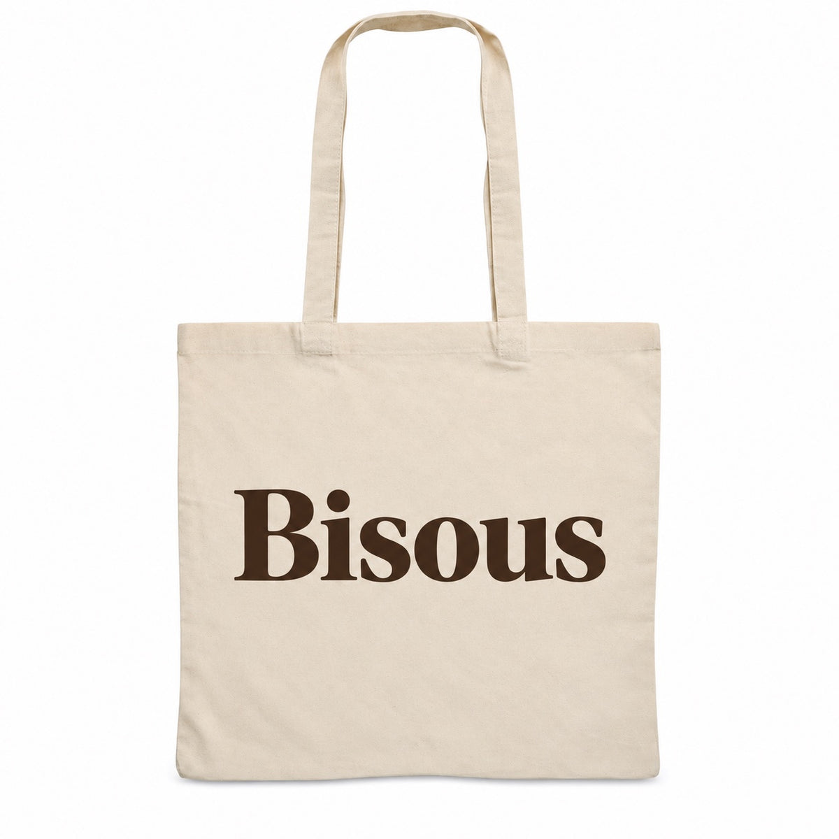 Tote bag « Bisous » Essentiel, sac plat en coton naturel 140 g/m² de 38 × 42 cm, typographie serif minimaliste brun espresso