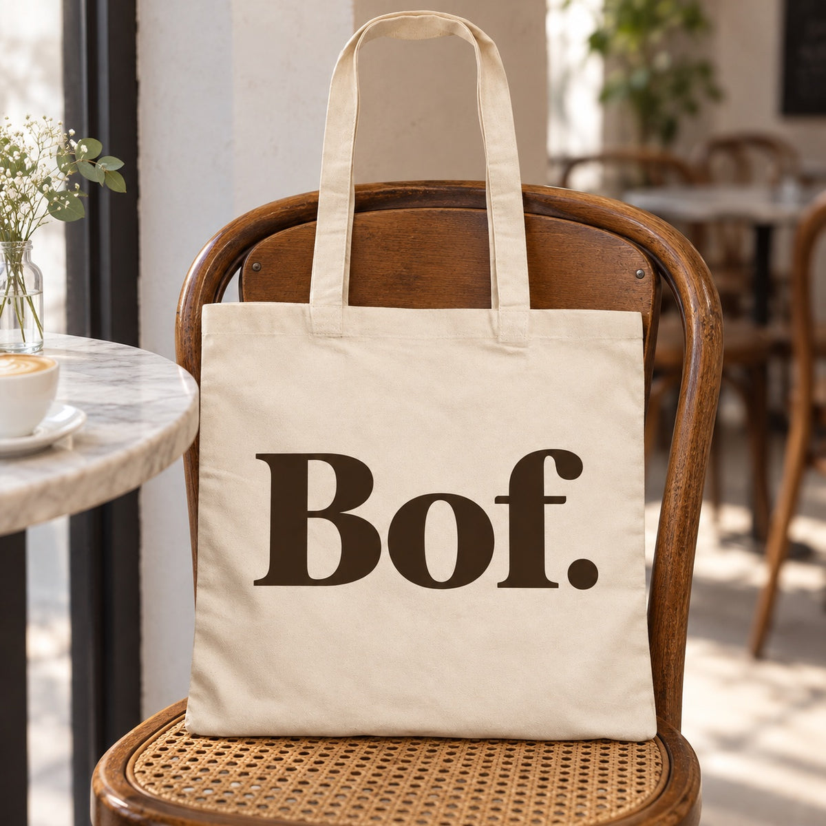 Tote bag « Bof. » Essentiel posé contre une chaise dans un intérieur clair