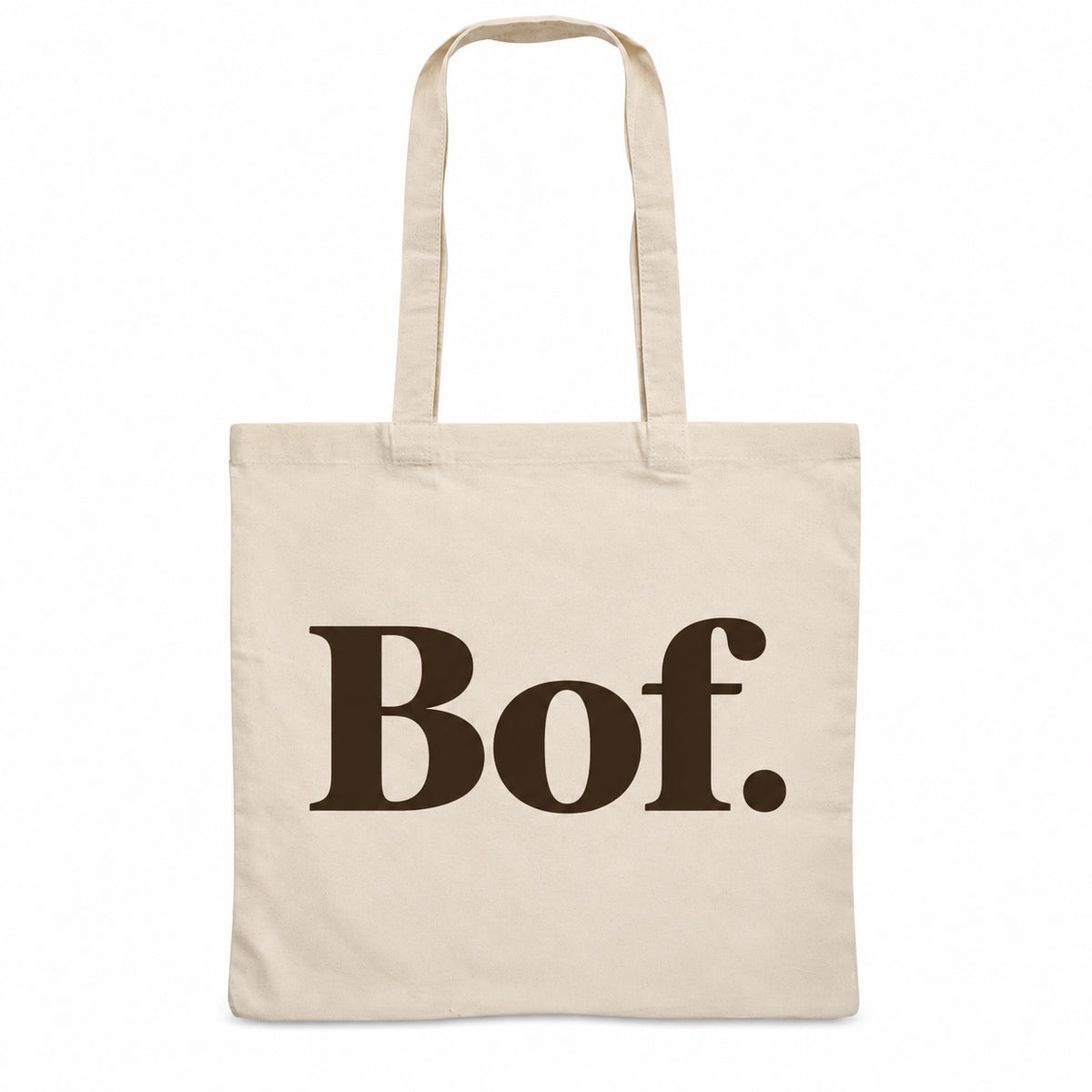 Tote bag « Bof. » Essentiel, sac plat en coton naturel 140 g/m² de 38 × 42 cm, typographie serif minimaliste brun espresso