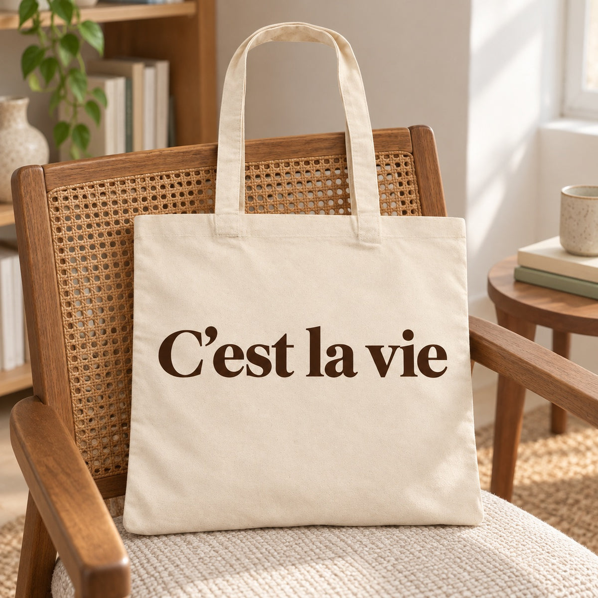 Tote bag « C'est la vie » Essentiel posé contre une chaise dans un intérieur clair