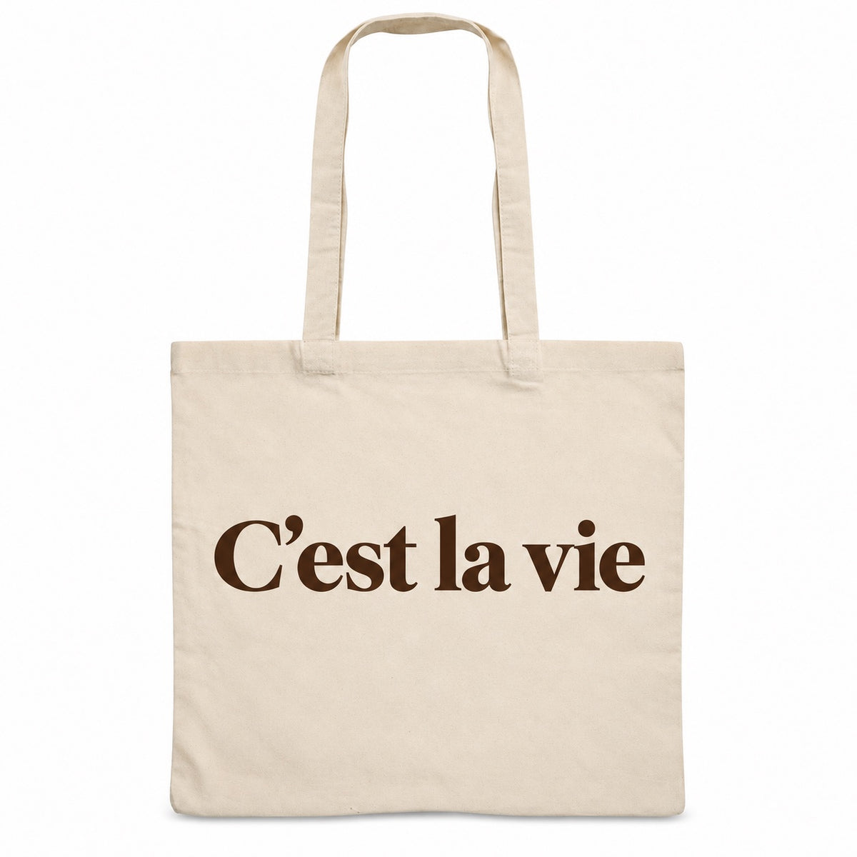 Tote bag « C'est la vie » Essentiel, sac plat en coton naturel 140 g/m² de 38 × 42 cm, typographie serif minimaliste brun espresso