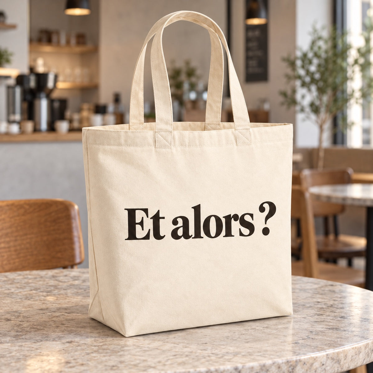 Tote bag « Et alors ? » Premium posé sur une table