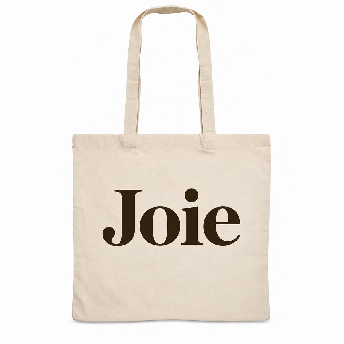 Tote bag « Joie » Essentiel, sac plat en coton naturel 140 g/m² de 38 × 42 cm, typographie serif minimaliste brun espresso
