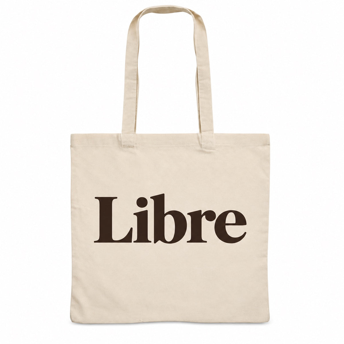 Tote bag « Libre » Essentiel, sac plat en coton naturel 140 g/m² de 38 × 42 cm, typographie serif minimaliste brun espresso