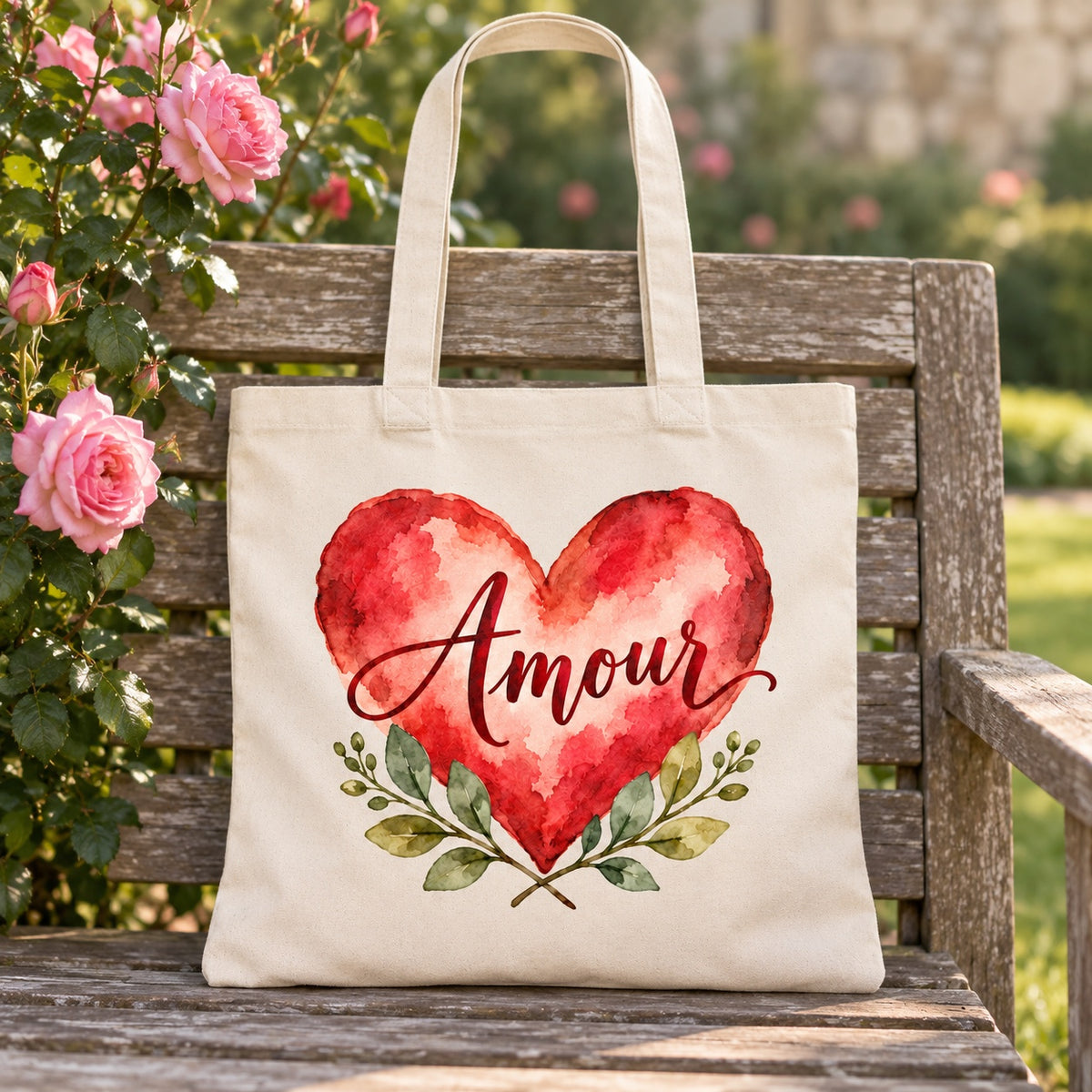 Tote bag « Amour » Essentiel appuyé contre un banc de jardin près d'un rosier