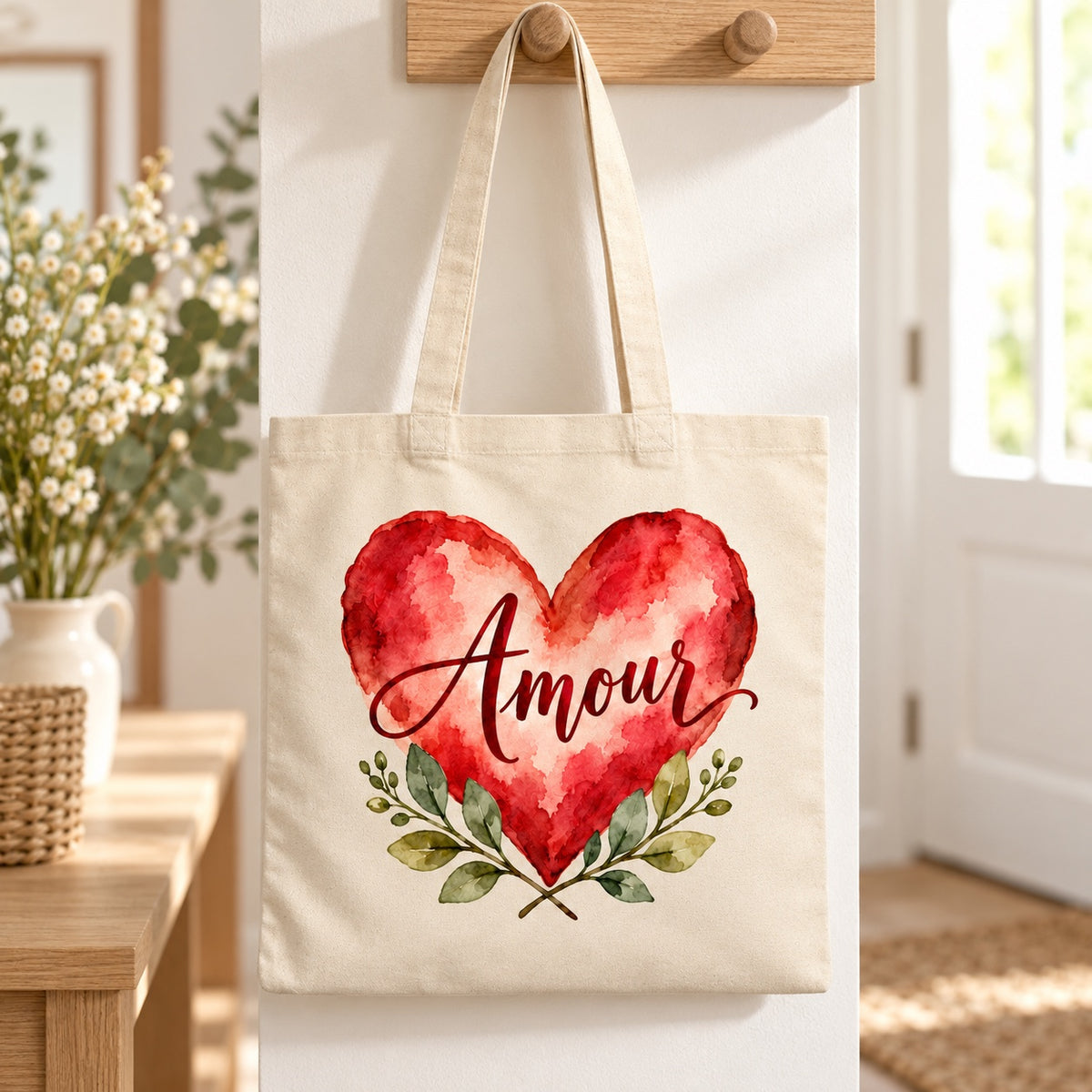 Tote bag « Amour » Essentiel suspendu à une patère dans une entrée lumineuse