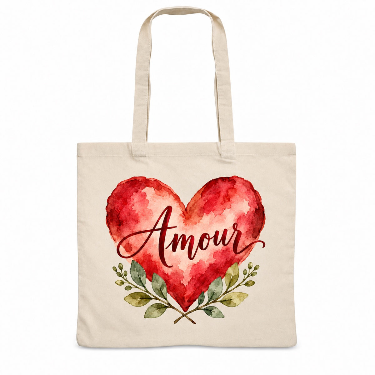 Tote bag « Amour » Essentiel, sac plat en coton naturel 140 g/m² de 38 × 42 cm, illustration aquarelle rétro : un grand cœur aquarelle rouge