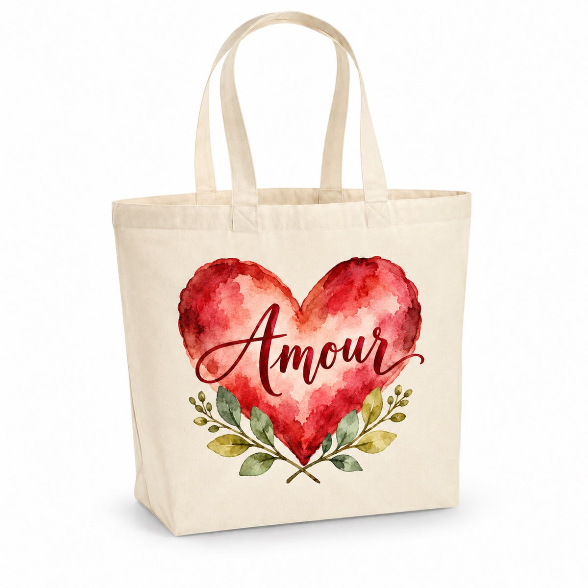 Tote bag « Amour » Premium, cabas à soufflet en coton naturel 200 g/m² de 18 litres, illustration aquarelle rétro