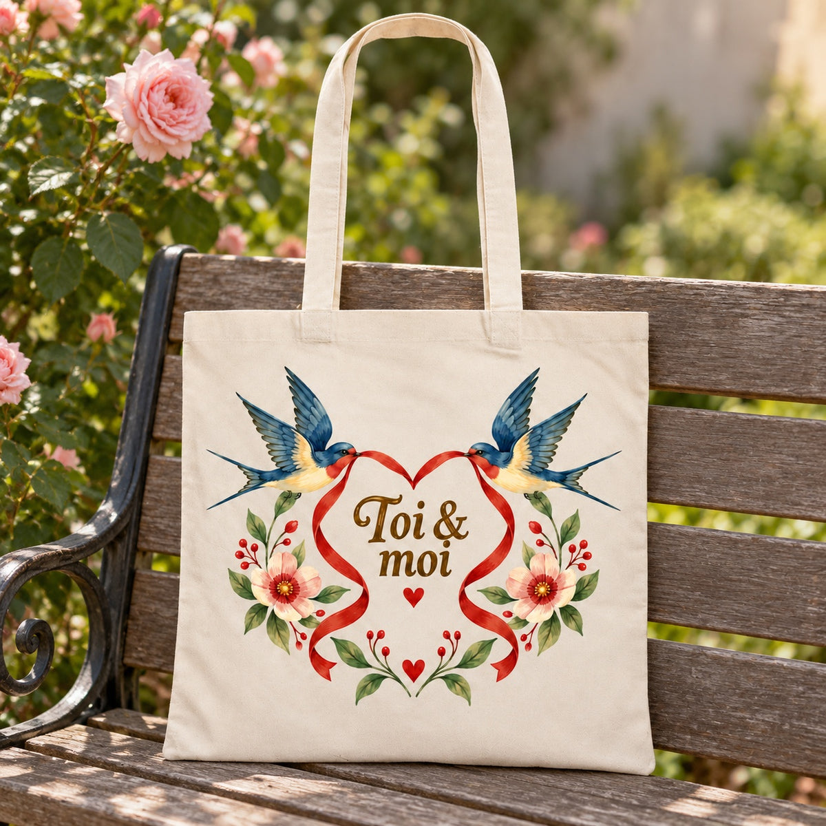Tote bag « Toi & moi » Essentiel appuyé contre un banc de jardin près d'un rosier