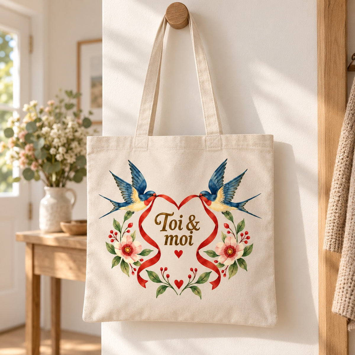 Tote bag « Toi & moi » Essentiel suspendu à une patère dans une entrée lumineuse