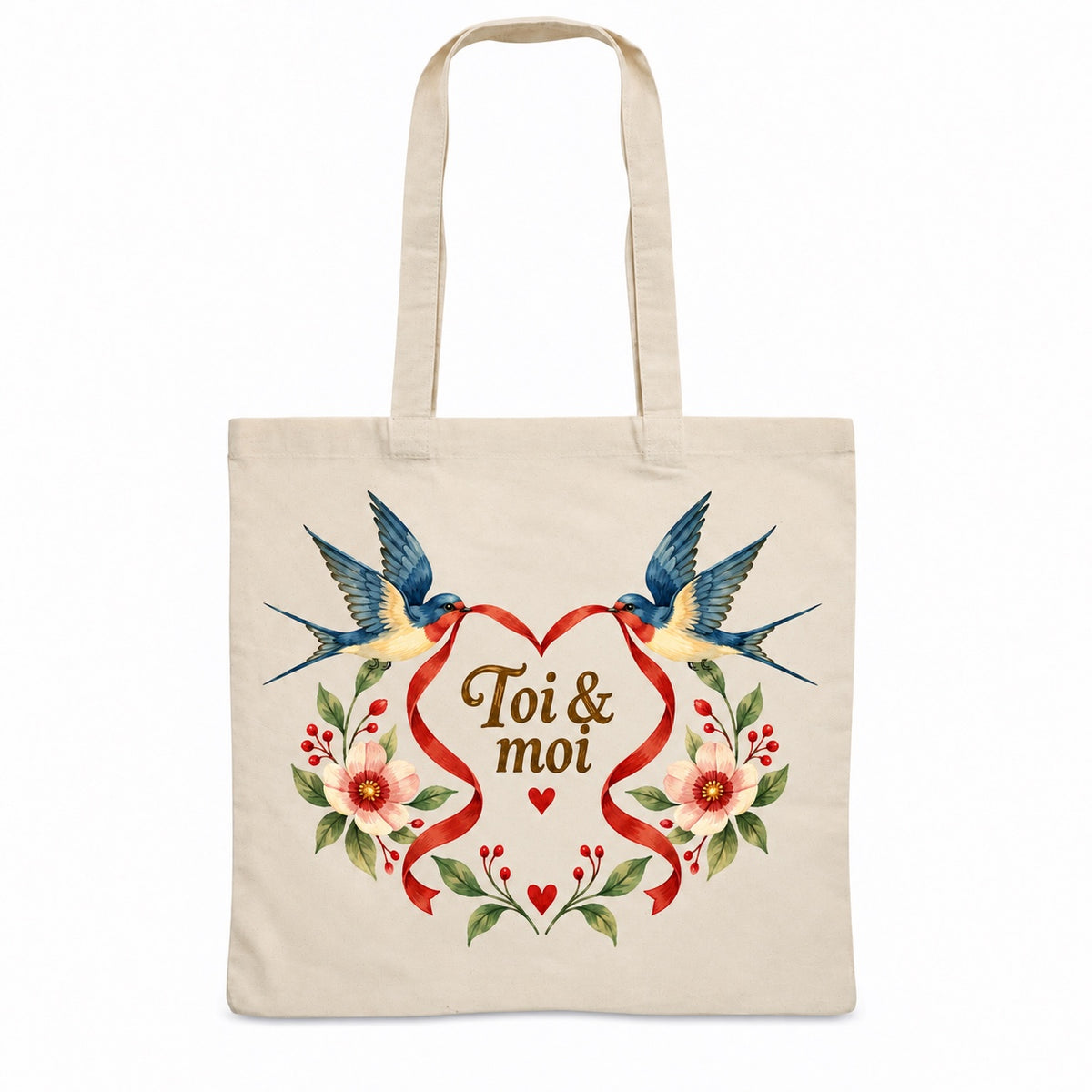 Tote bag « Toi & moi » Essentiel, sac plat en coton naturel 140 g/m² de 38 × 42 cm, illustration aquarelle rétro : deux hirondelles et un ruban en cœur