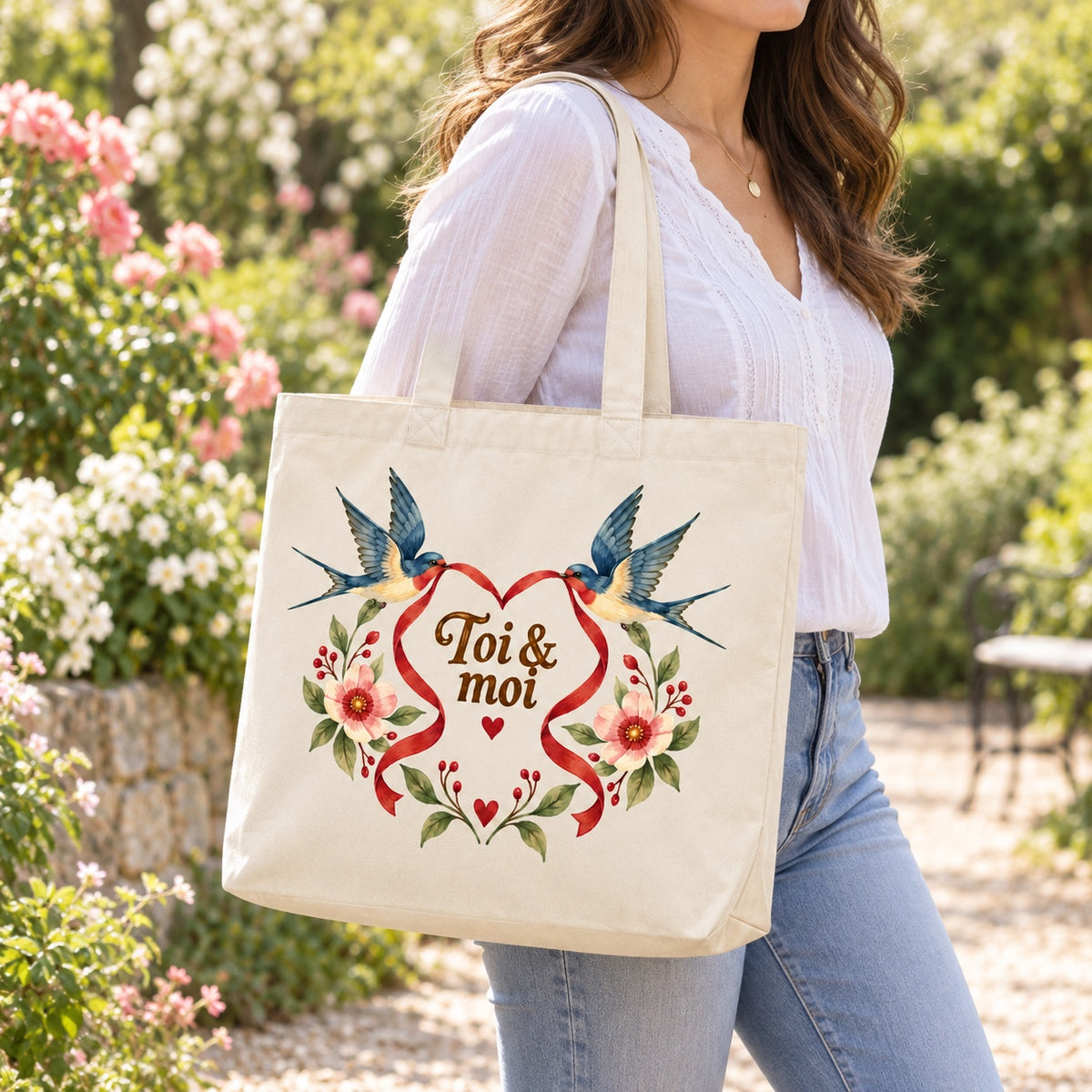 Tote bag « Toi & moi » Premium porté à l'épaule dans un jardin fleuri