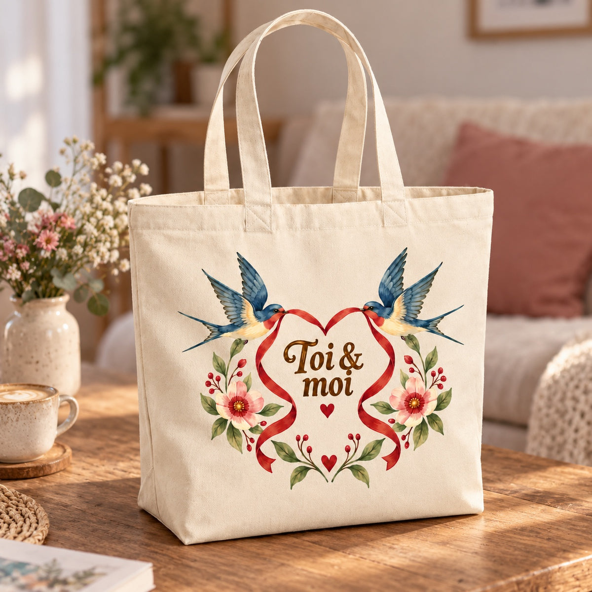 Tote bag « Toi & moi » Premium posé sur une table de café