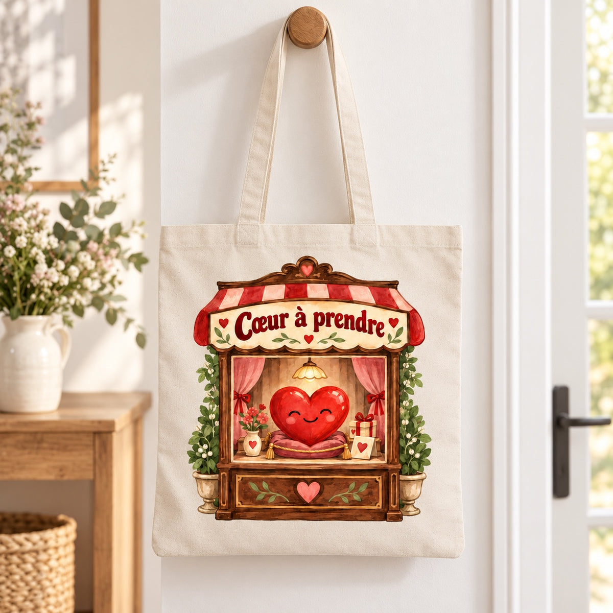 Tote bag « Cœur à prendre » Essentiel suspendu à une patère dans une entrée lumineuse