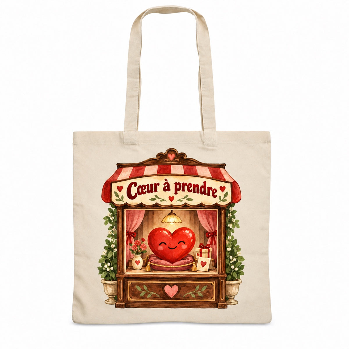 Tote bag « Cœur à prendre » Essentiel, sac plat en coton naturel 140 g/m² de 38 × 42 cm, illustration aquarelle rétro : une vitrine rétro et son cœur souriant
