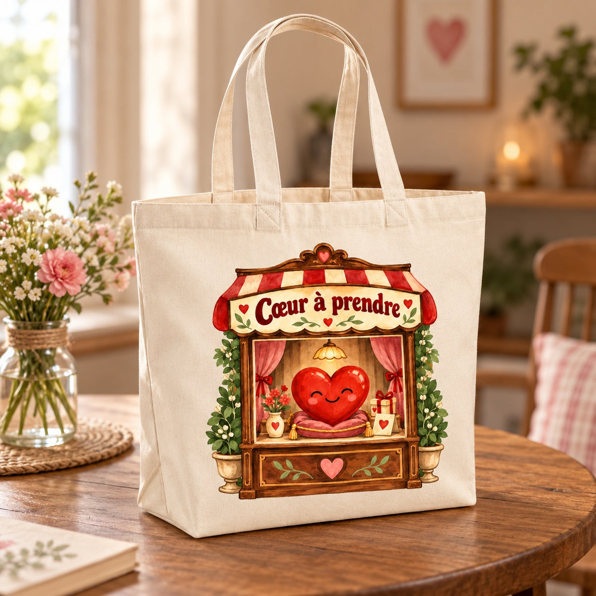 Tote bag « Cœur à prendre » Premium posé sur une table de café