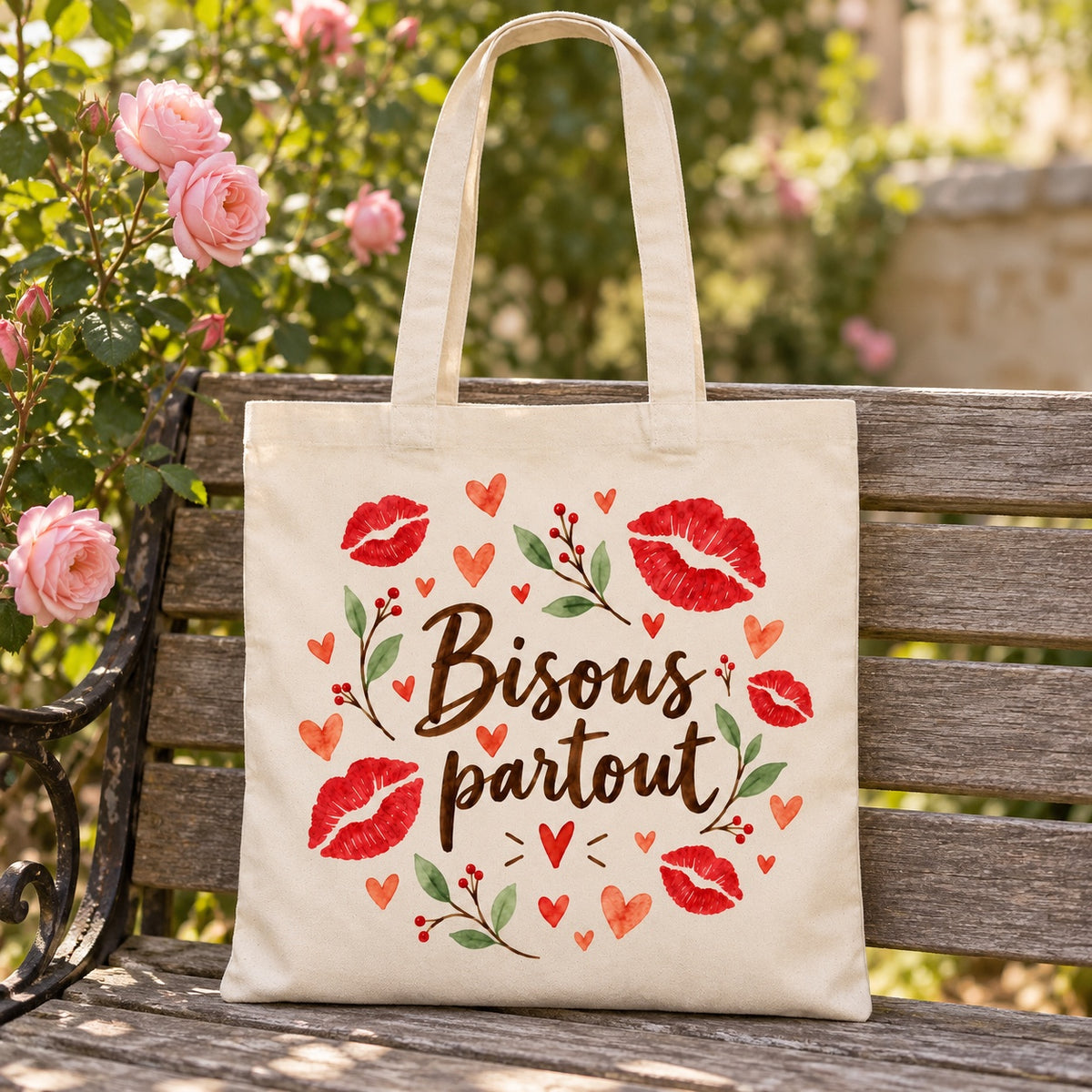 Tote bag « Bisous partout » Essentiel appuyé contre un banc de jardin près d'un rosier
