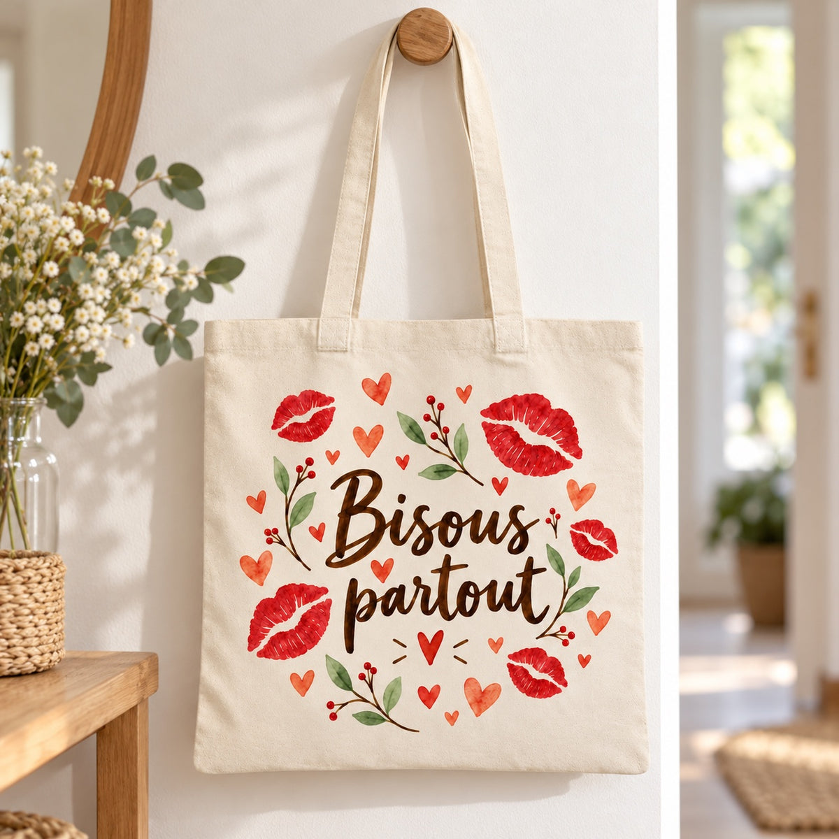 Tote bag « Bisous partout » Essentiel suspendu à une patère dans une entrée lumineuse