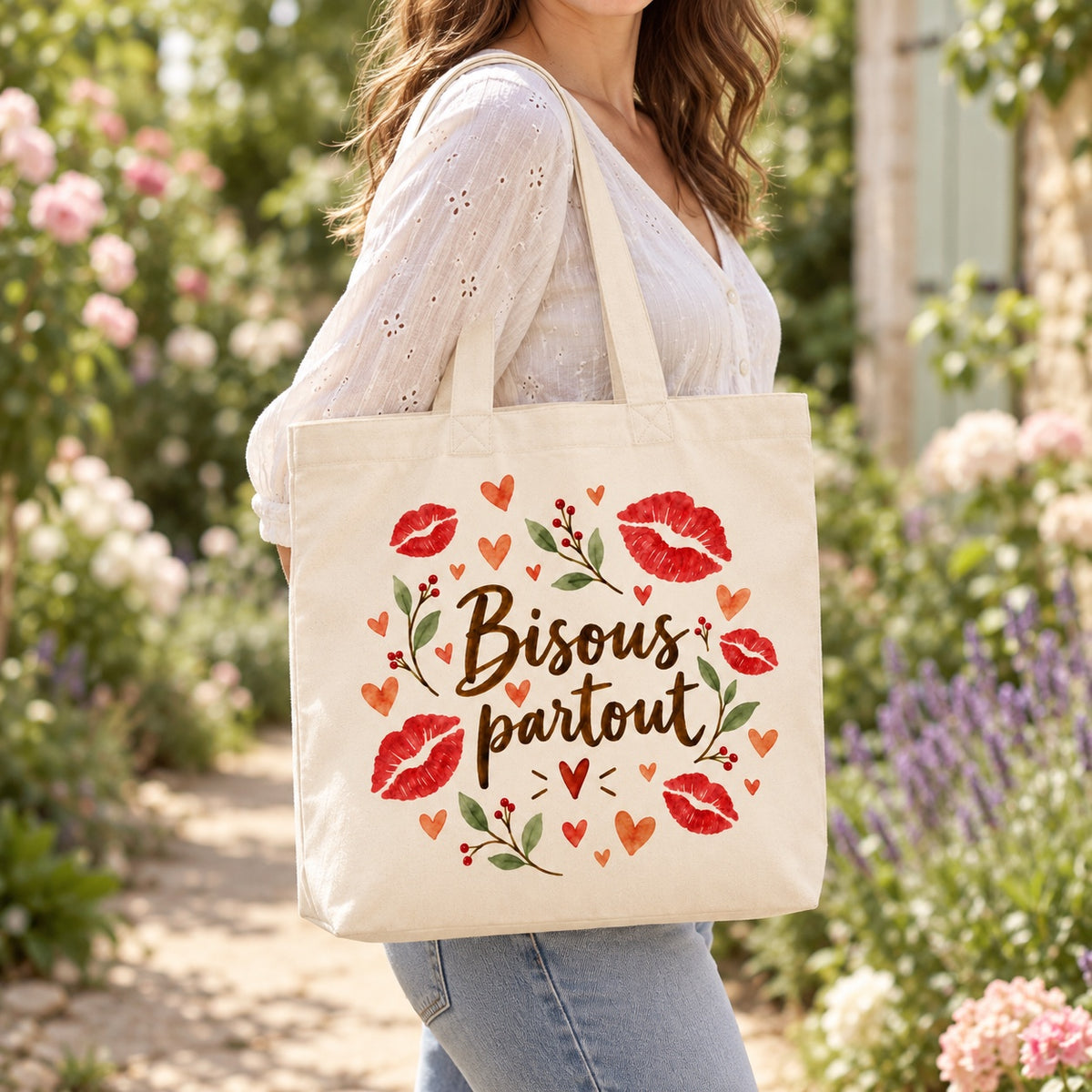 Tote bag « Bisous partout » Premium porté à l'épaule dans un jardin fleuri