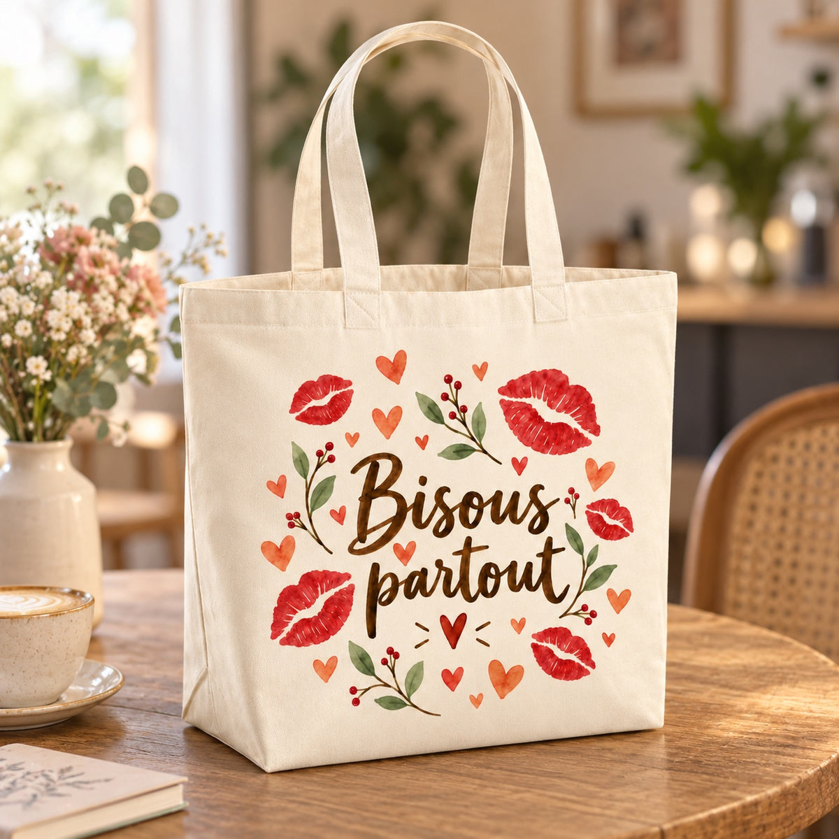 Tote bag « Bisous partout » Premium posé sur une table de café
