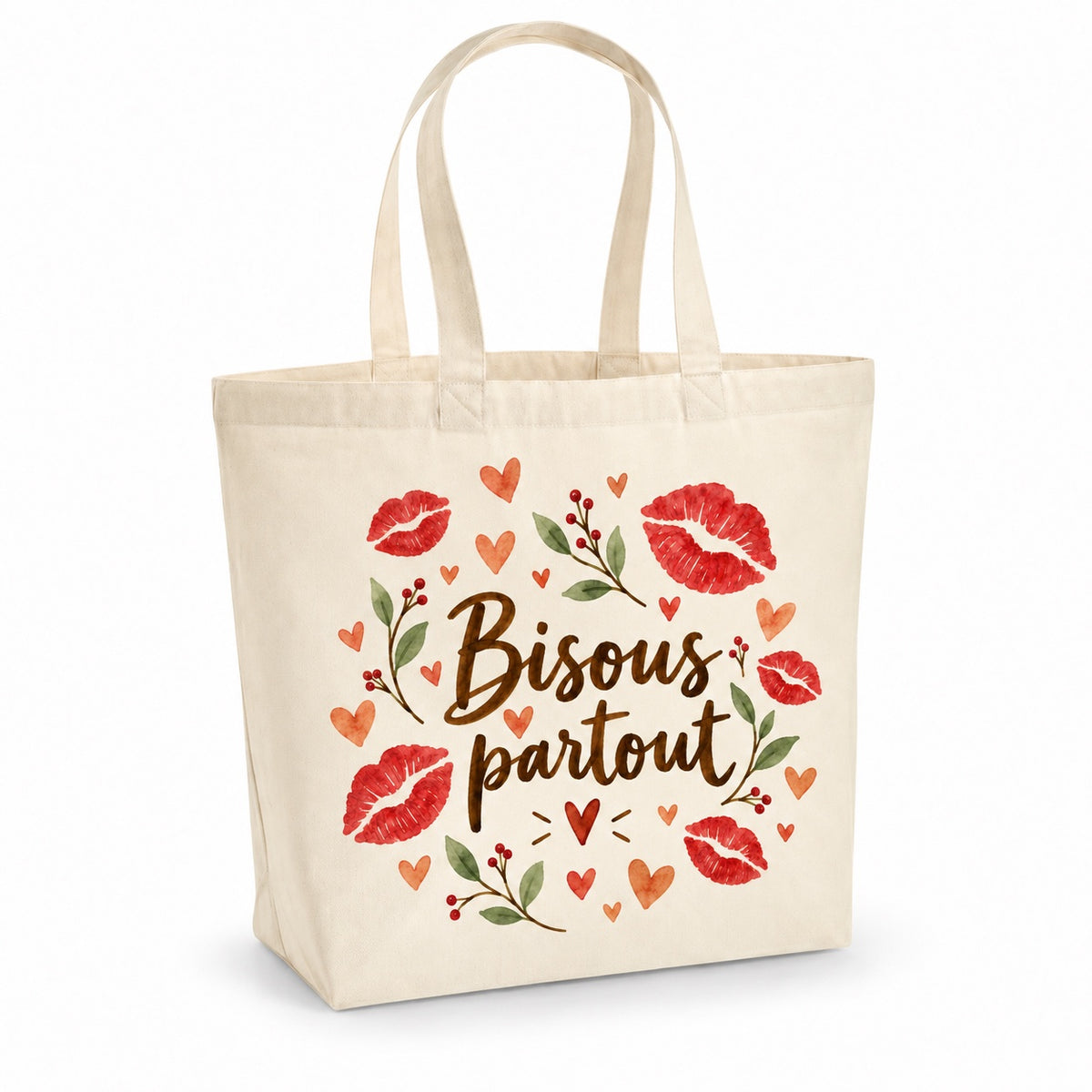 Tote bag « Bisous partout » Premium, cabas à soufflet en coton naturel 200 g/m² de 18 litres, illustration aquarelle rétro