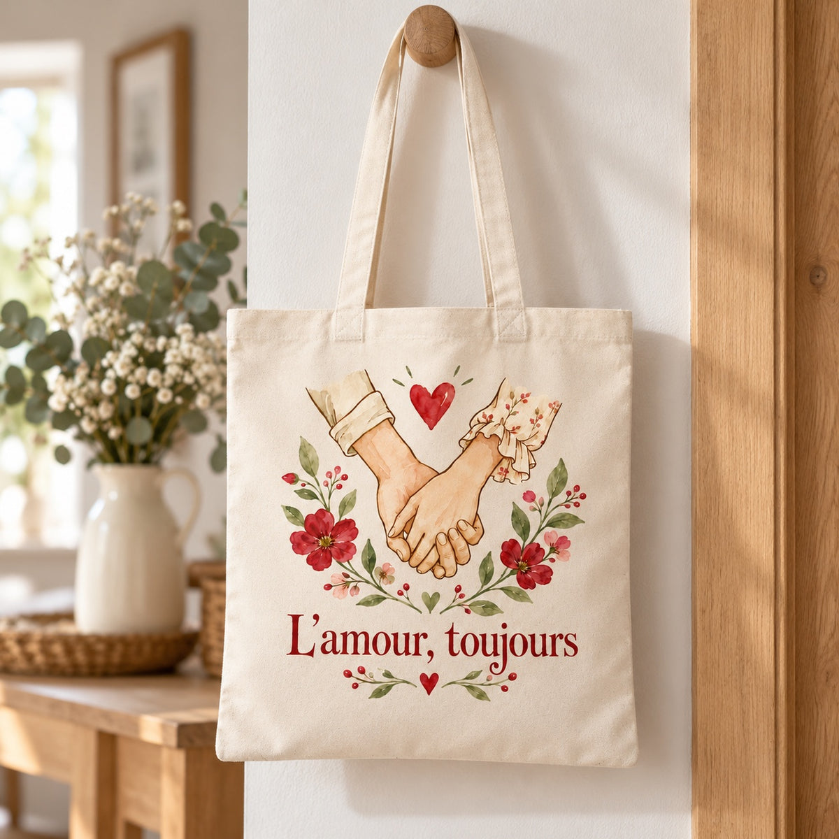 Tote bag « L’amour, toujours » Essentiel suspendu à une patère dans une entrée lumineuse