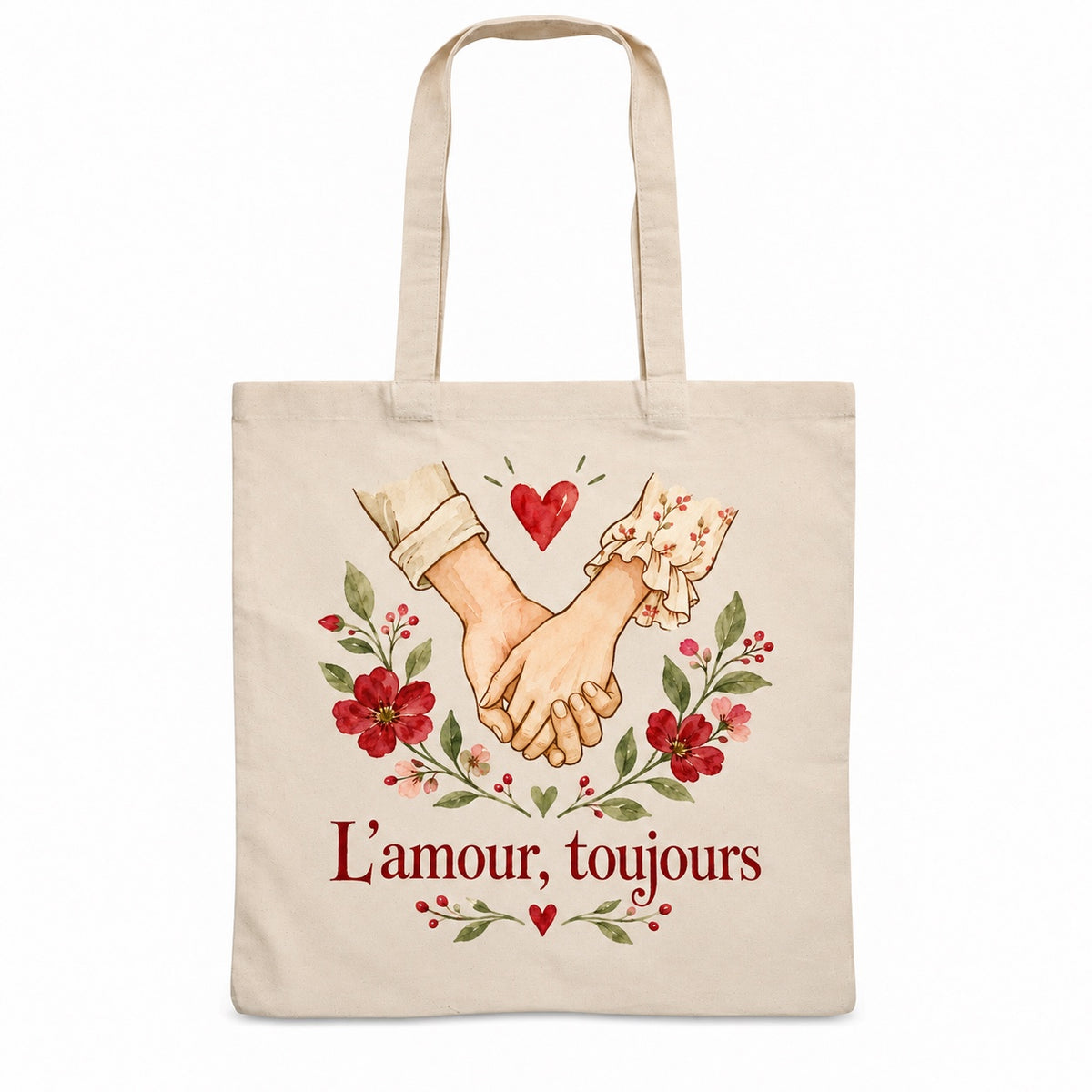 Tote bag « L’amour, toujours » Essentiel, sac plat en coton naturel 140 g/m² de 38 × 42 cm, illustration aquarelle rétro : deux mains enlacées