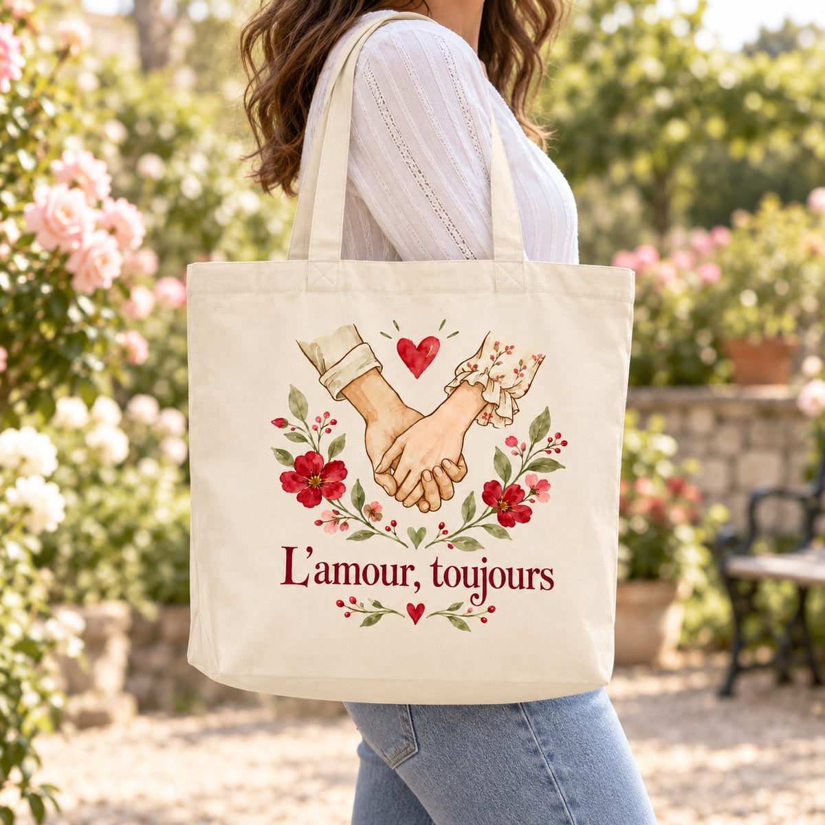 Tote bag « L’amour, toujours » Premium porté à l'épaule dans un jardin fleuri