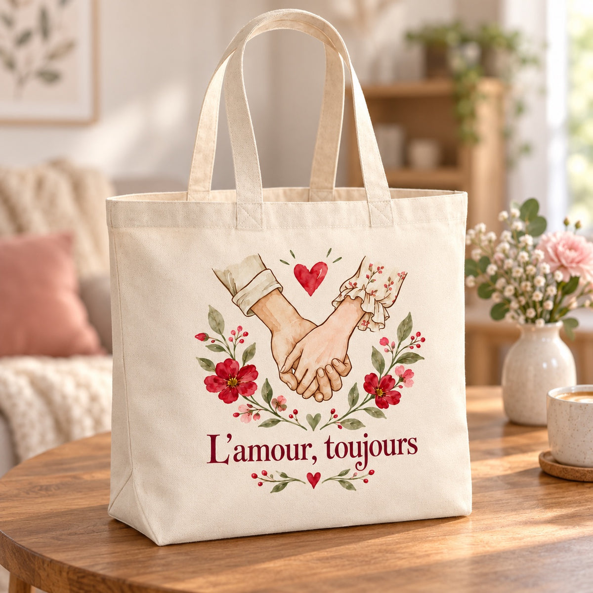 Tote bag « L’amour, toujours » Premium posé sur une table de café