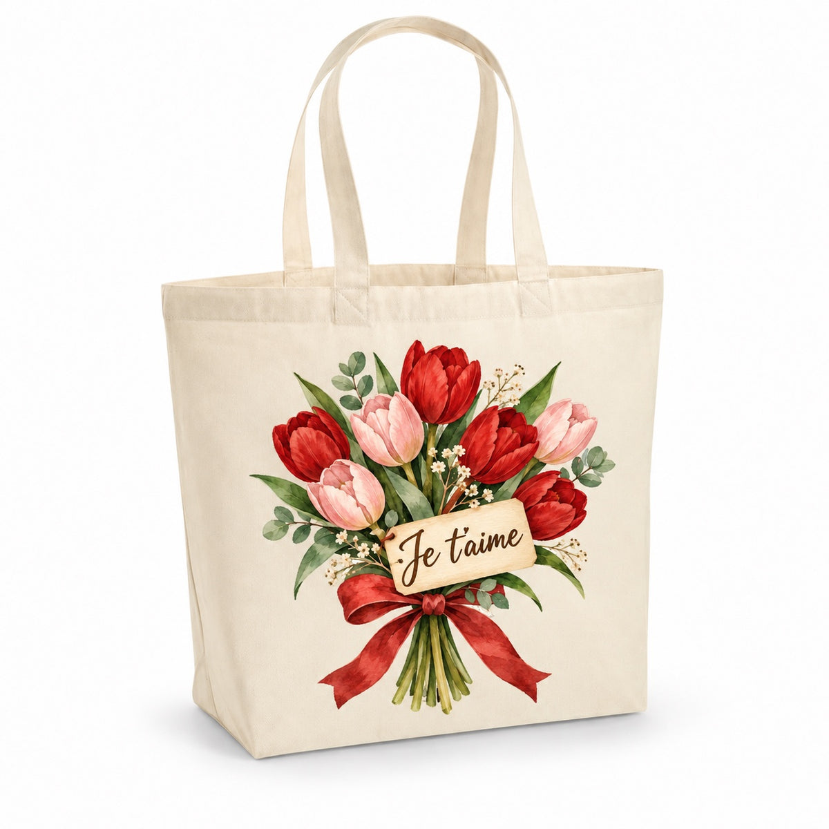 Tote bag « Je t’aime » Premium, cabas à soufflet en coton naturel 200 g/m² de 18 litres, illustration aquarelle rétro