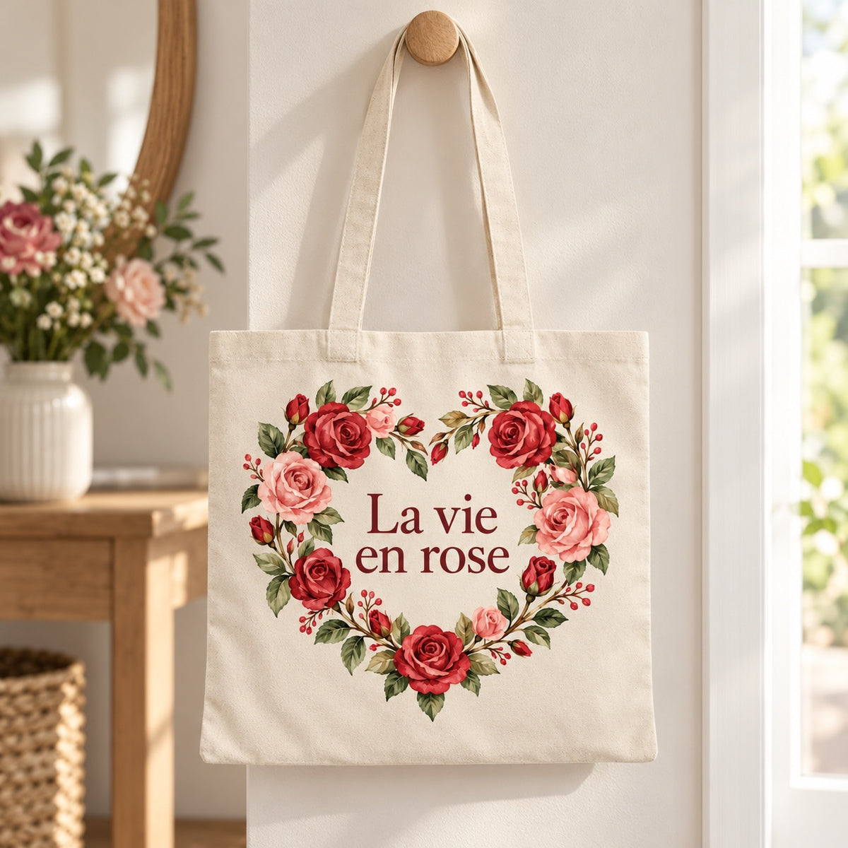 Tote bag « La vie en rose » Essentiel suspendu à une patère dans une entrée lumineuse
