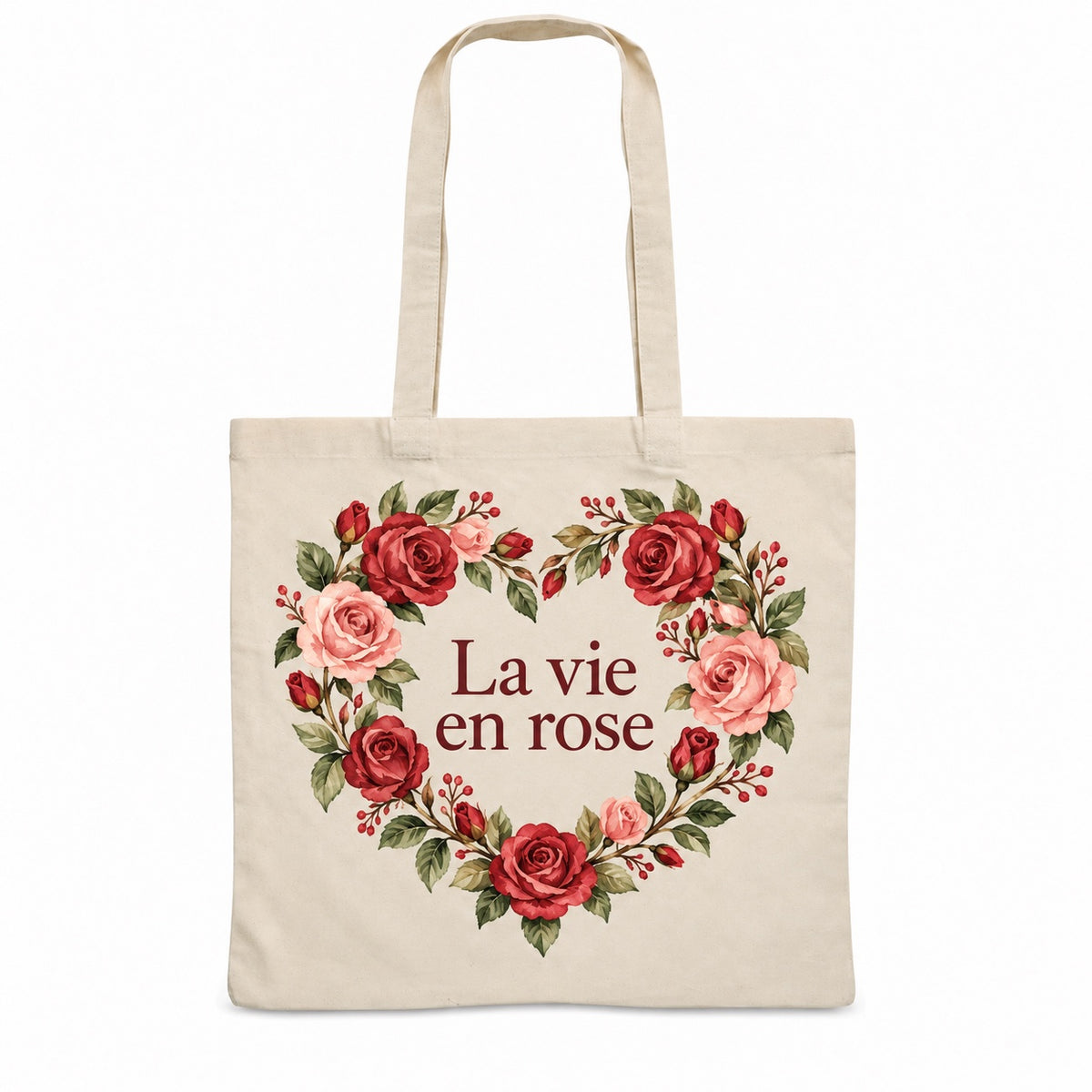 Tote bag « La vie en rose » Essentiel, sac plat en coton naturel 140 g/m² de 38 × 42 cm, illustration aquarelle rétro : une couronne de roses en cœur