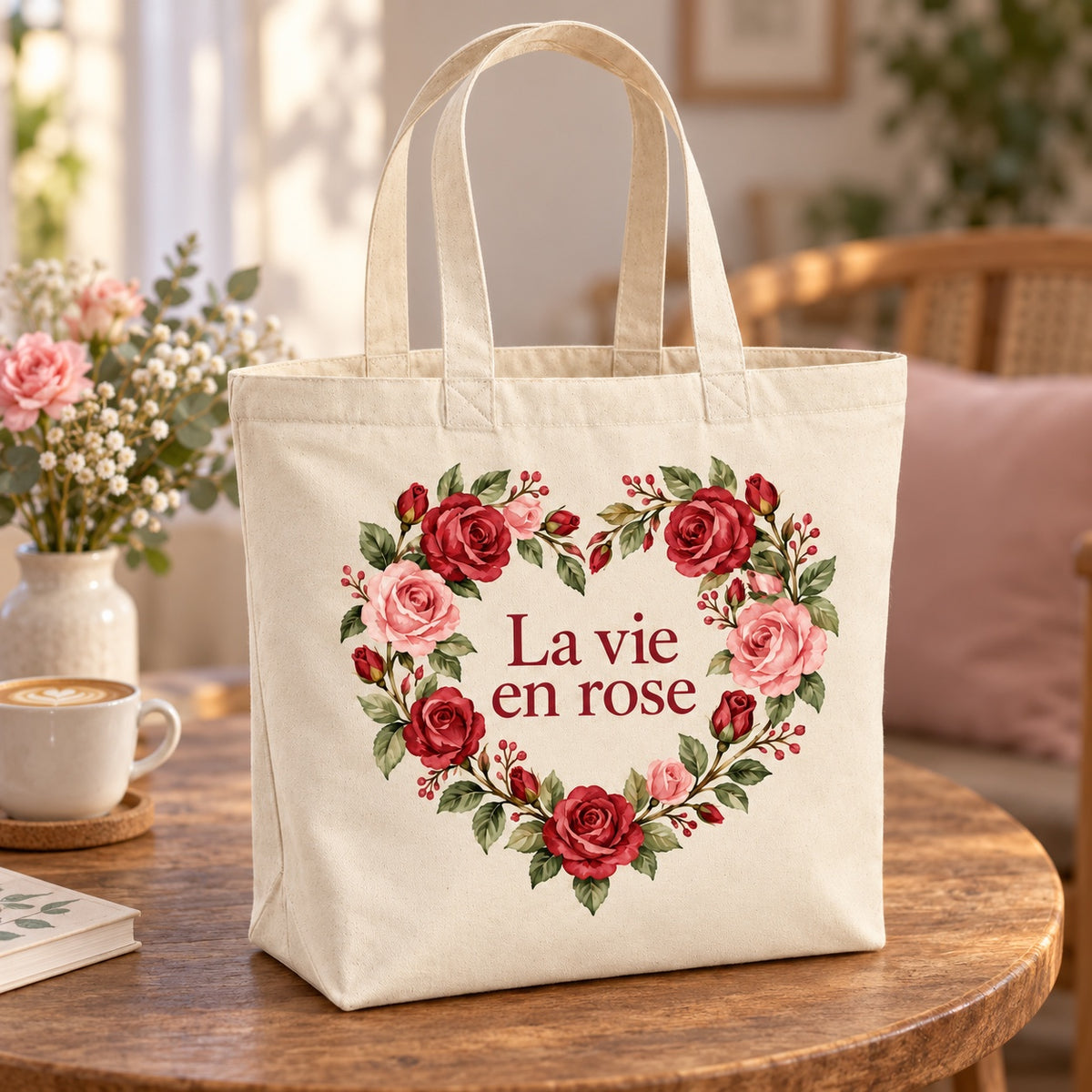 Tote bag « La vie en rose » Premium posé sur une table de café