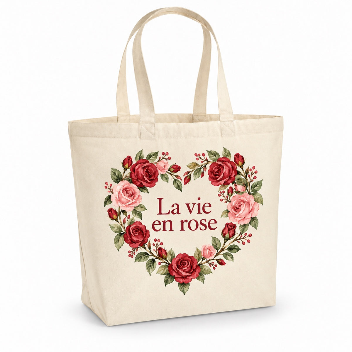 Tote bag « La vie en rose » Premium, cabas à soufflet en coton naturel 200 g/m² de 18 litres, illustration aquarelle rétro