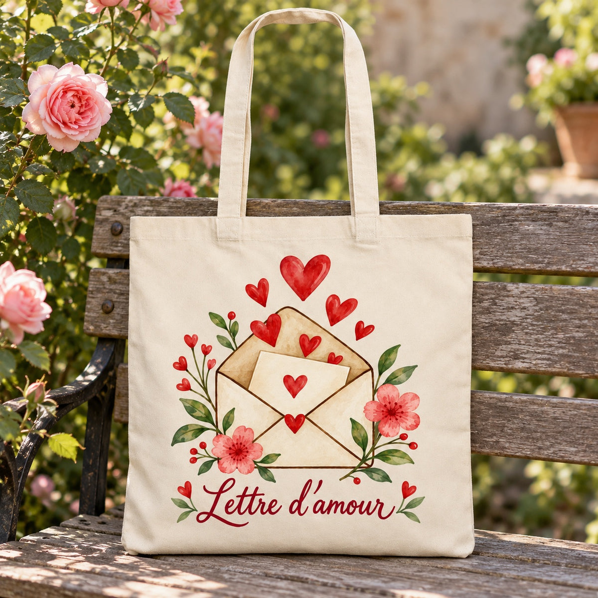 Tote bag « Lettre d’amour » Essentiel appuyé contre un banc de jardin près d'un rosier