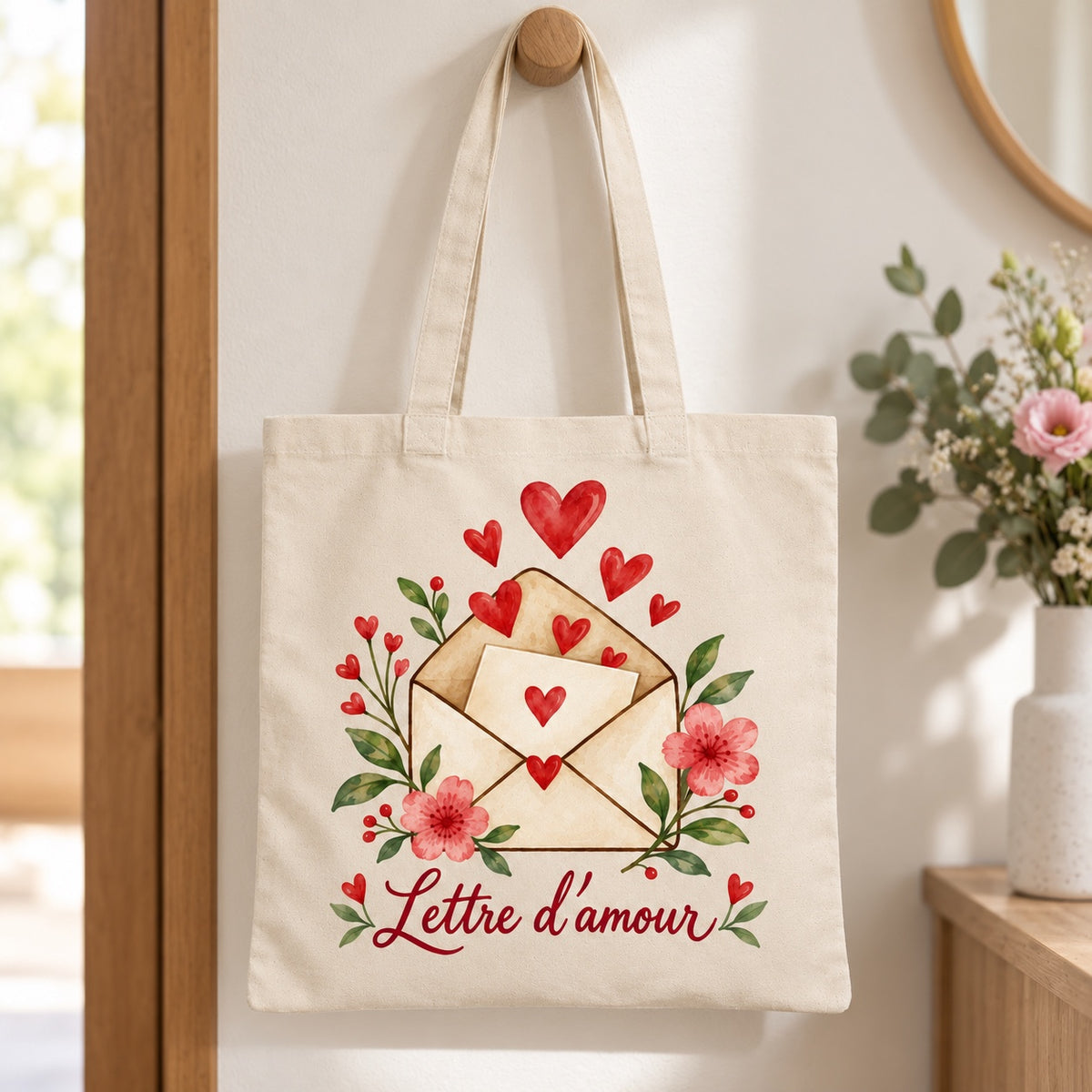Tote bag « Lettre d’amour » Essentiel suspendu à une patère dans une entrée lumineuse