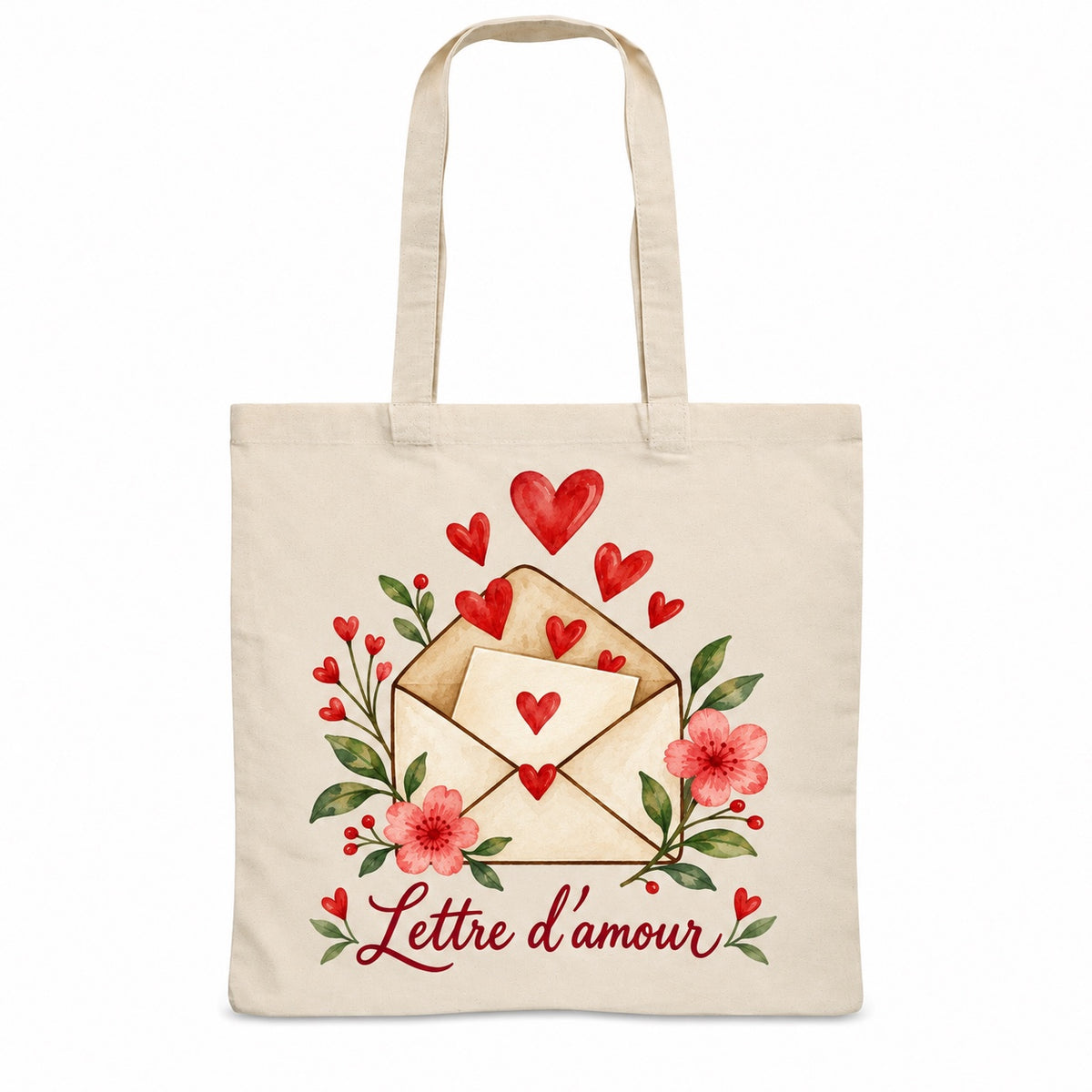 Tote bag « Lettre d’amour » Essentiel, sac plat en coton naturel 140 g/m² de 38 × 42 cm, illustration aquarelle rétro : une enveloppe d'où s'échappent des cœurs