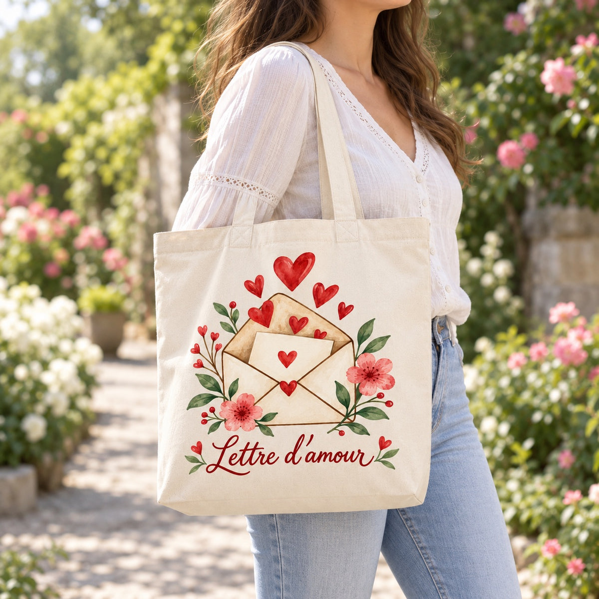 Tote bag « Lettre d’amour » Premium porté à l'épaule dans un jardin fleuri