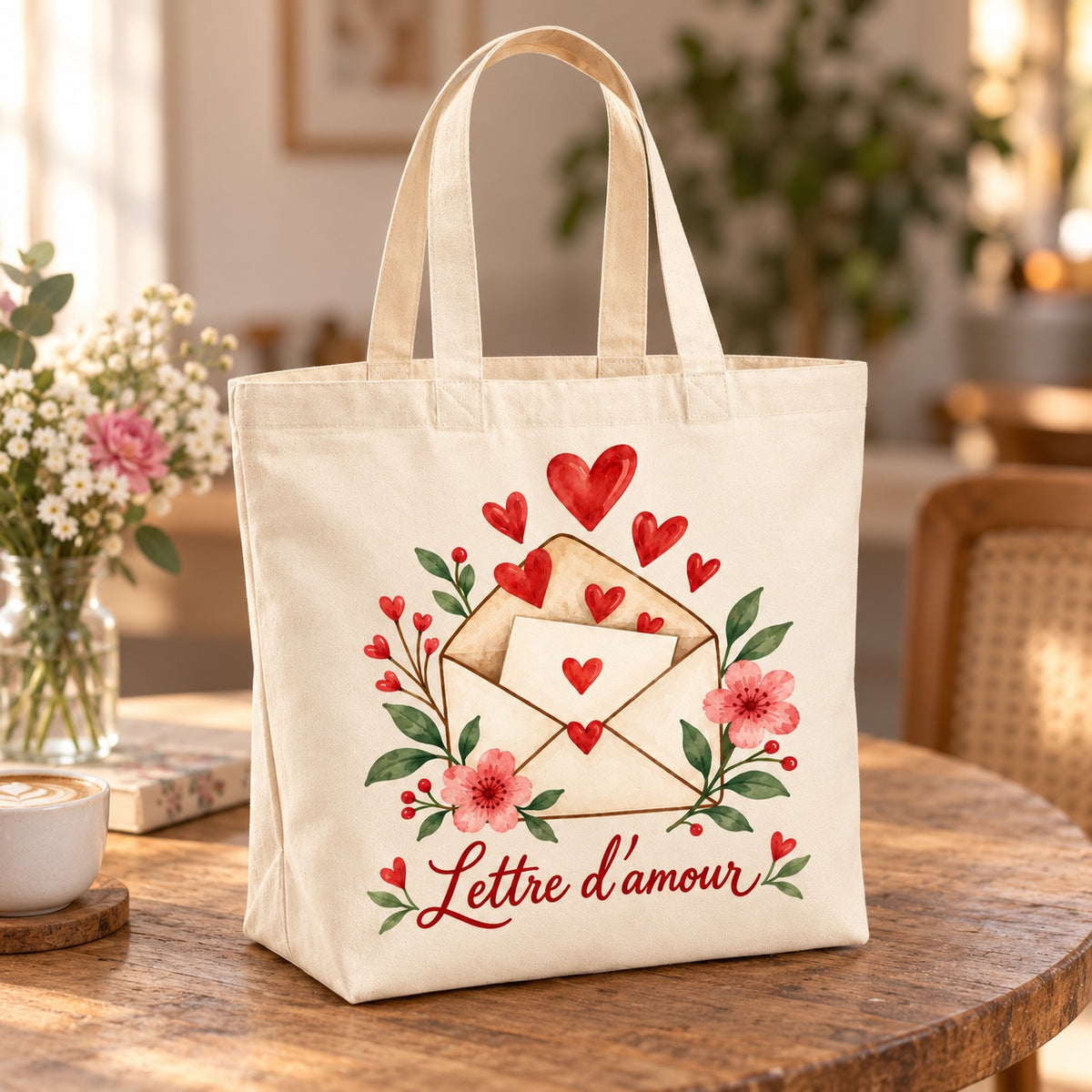 Tote bag « Lettre d’amour » Premium posé sur une table de café