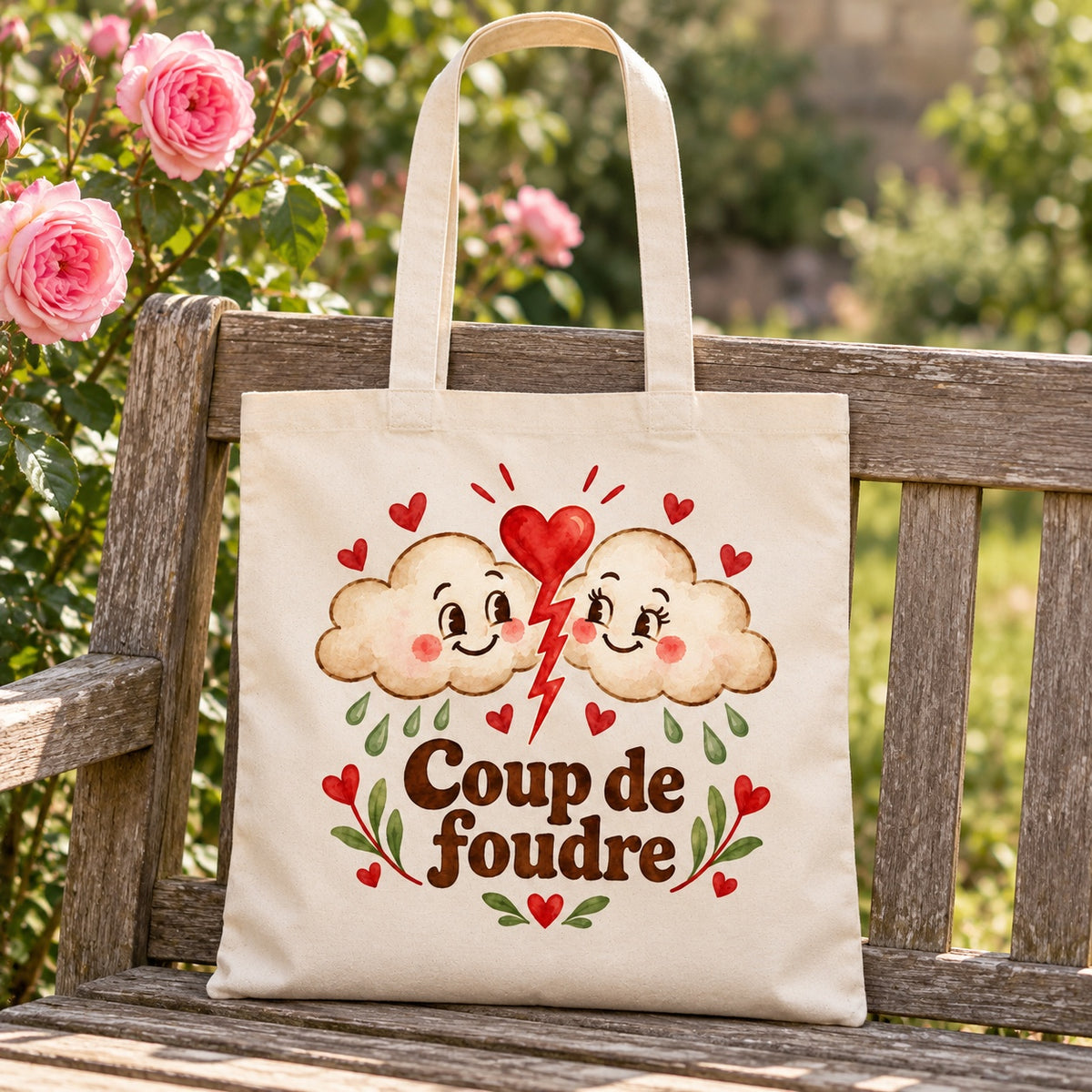 Tote bag « Coup de foudre » Essentiel appuyé contre un banc de jardin près d'un rosier