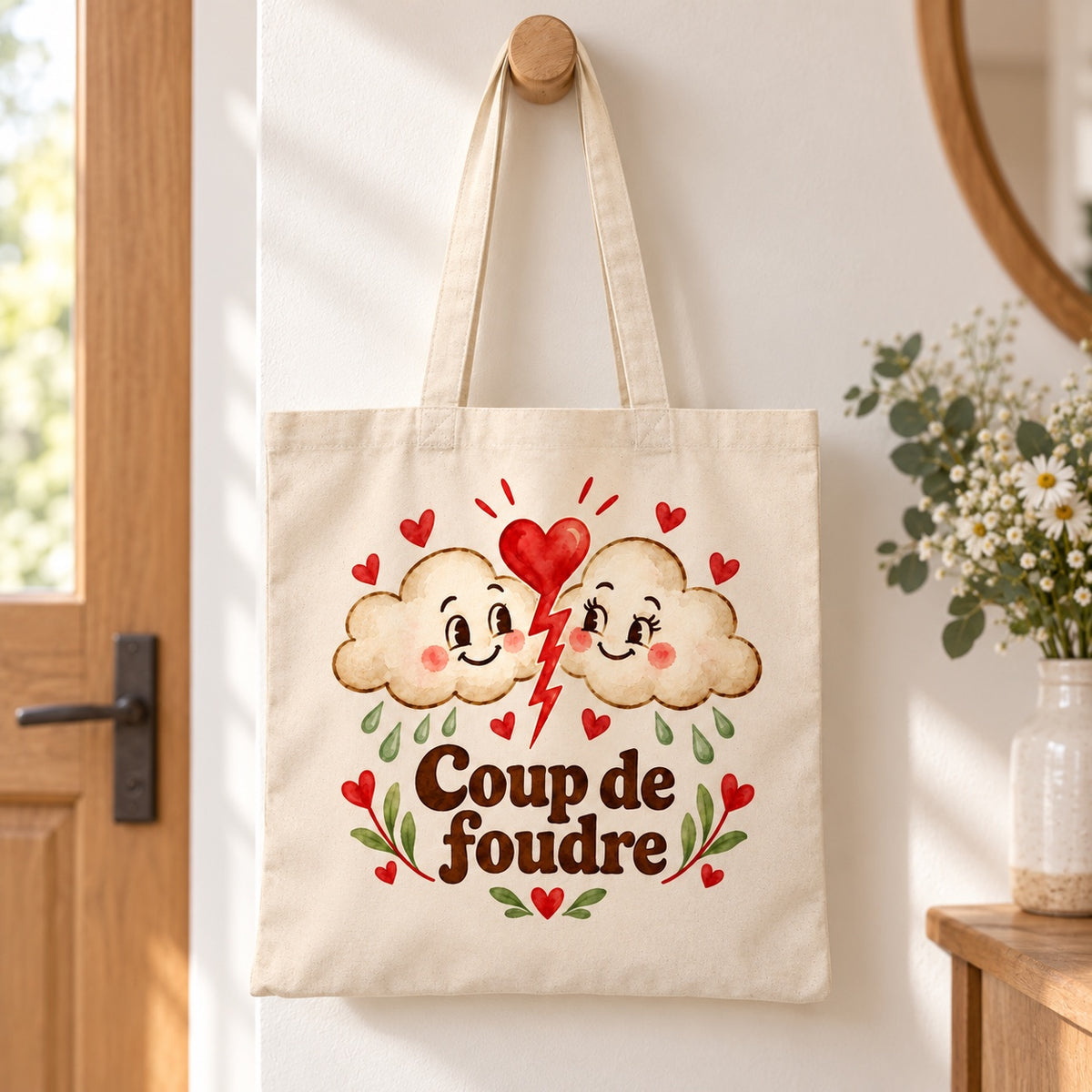 Tote bag « Coup de foudre » Essentiel suspendu à une patère dans une entrée lumineuse