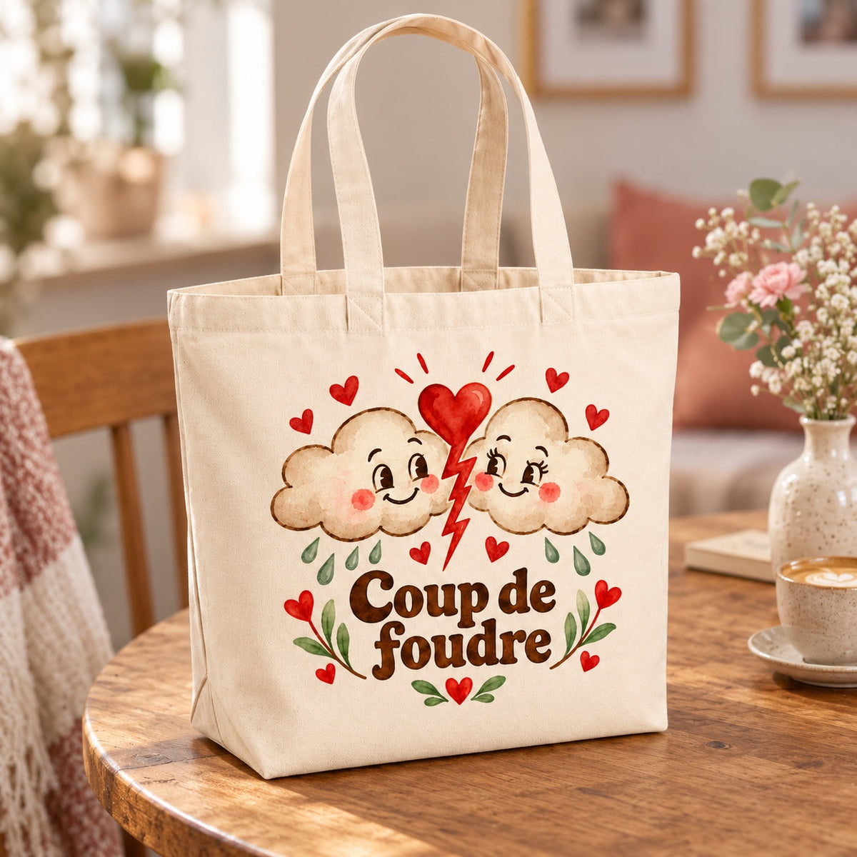 Tote bag « Coup de foudre » Premium posé sur une table de café