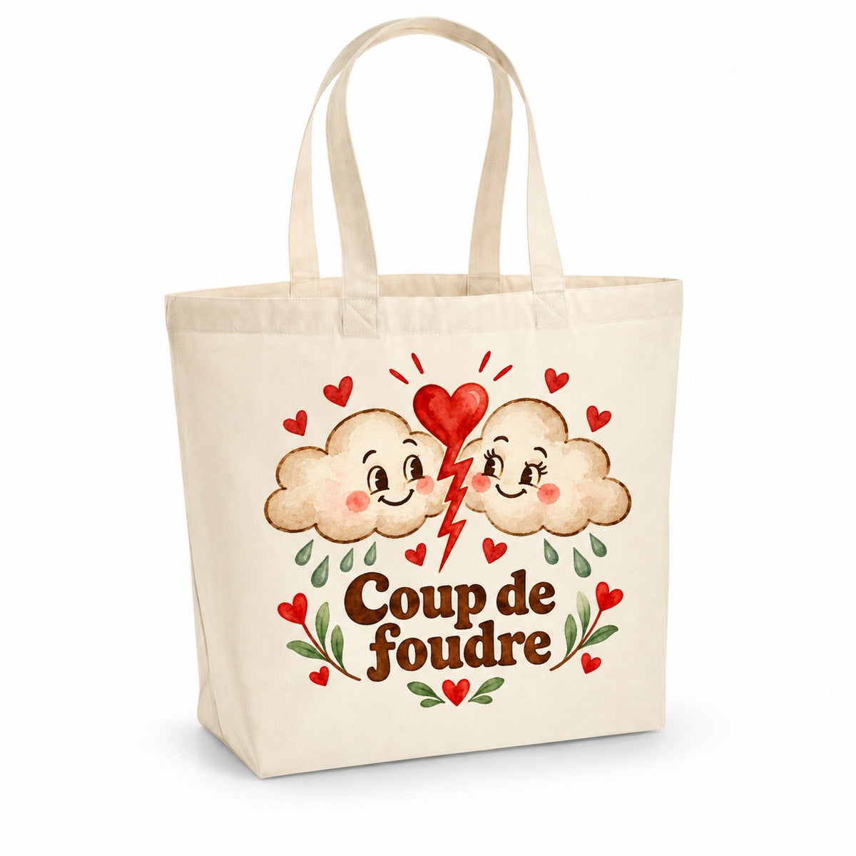 Tote bag « Coup de foudre » Premium, cabas à soufflet en coton naturel 200 g/m² de 18 litres, illustration aquarelle rétro