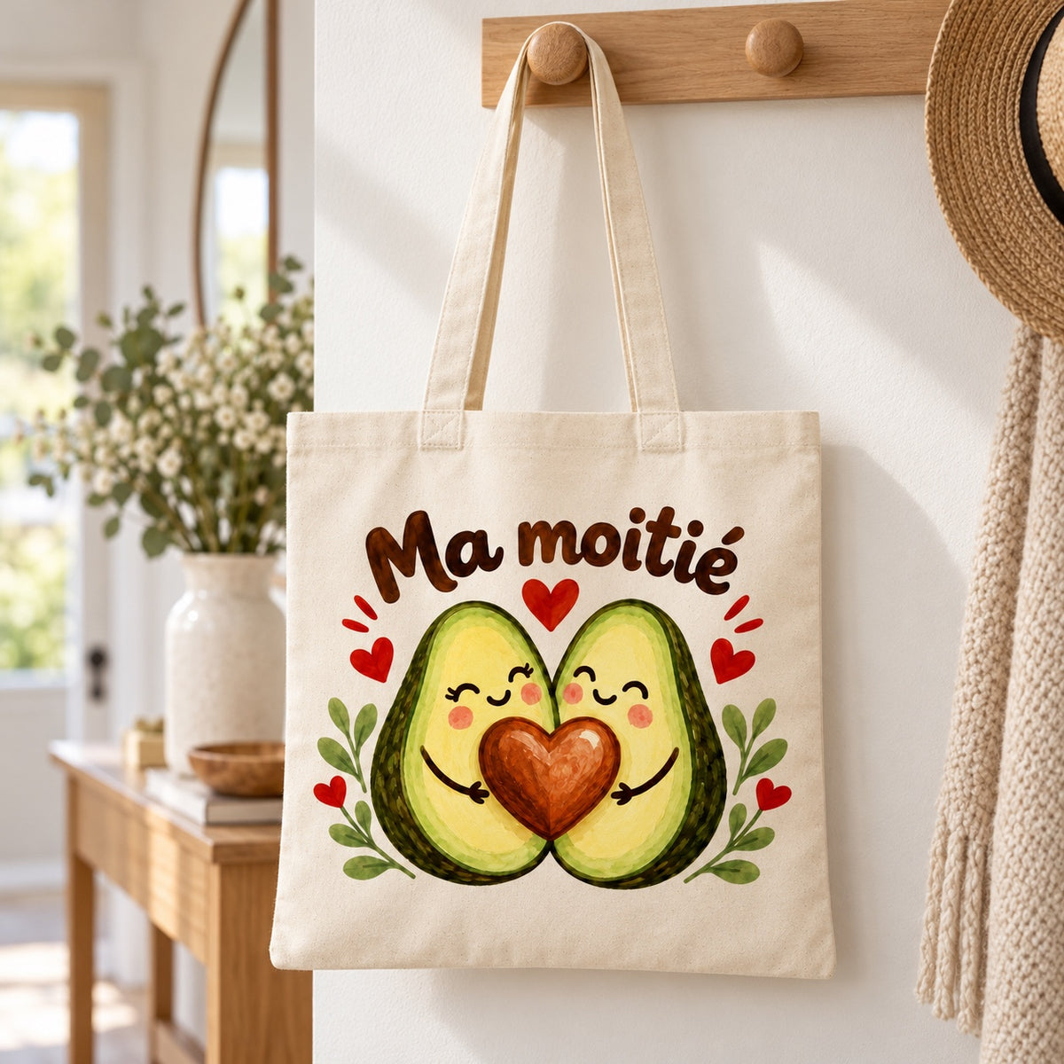 Tote bag « Ma moitié » Essentiel suspendu à une patère dans une entrée lumineuse