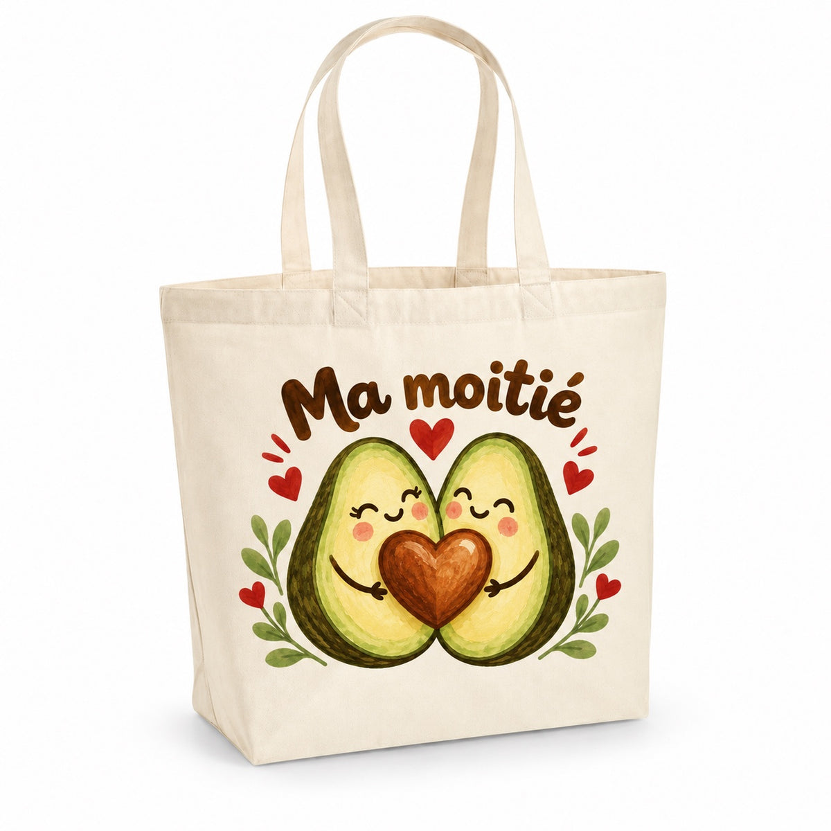 Tote bag « Ma moitié » Premium, cabas à soufflet en coton naturel 200 g/m² de 18 litres, illustration aquarelle rétro