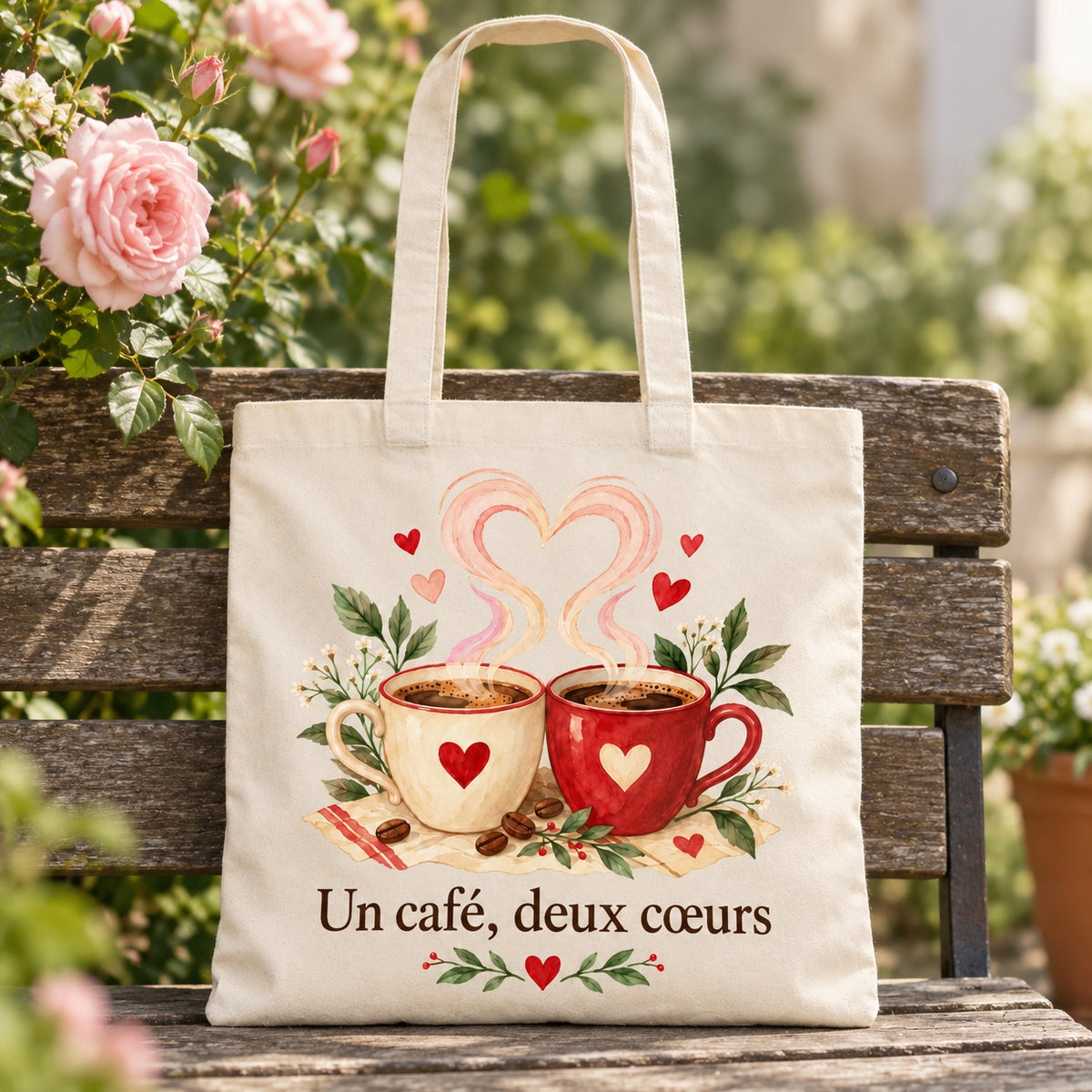 Tote bag « Un café, deux cœurs » Essentiel appuyé contre un banc de jardin près d'un rosier