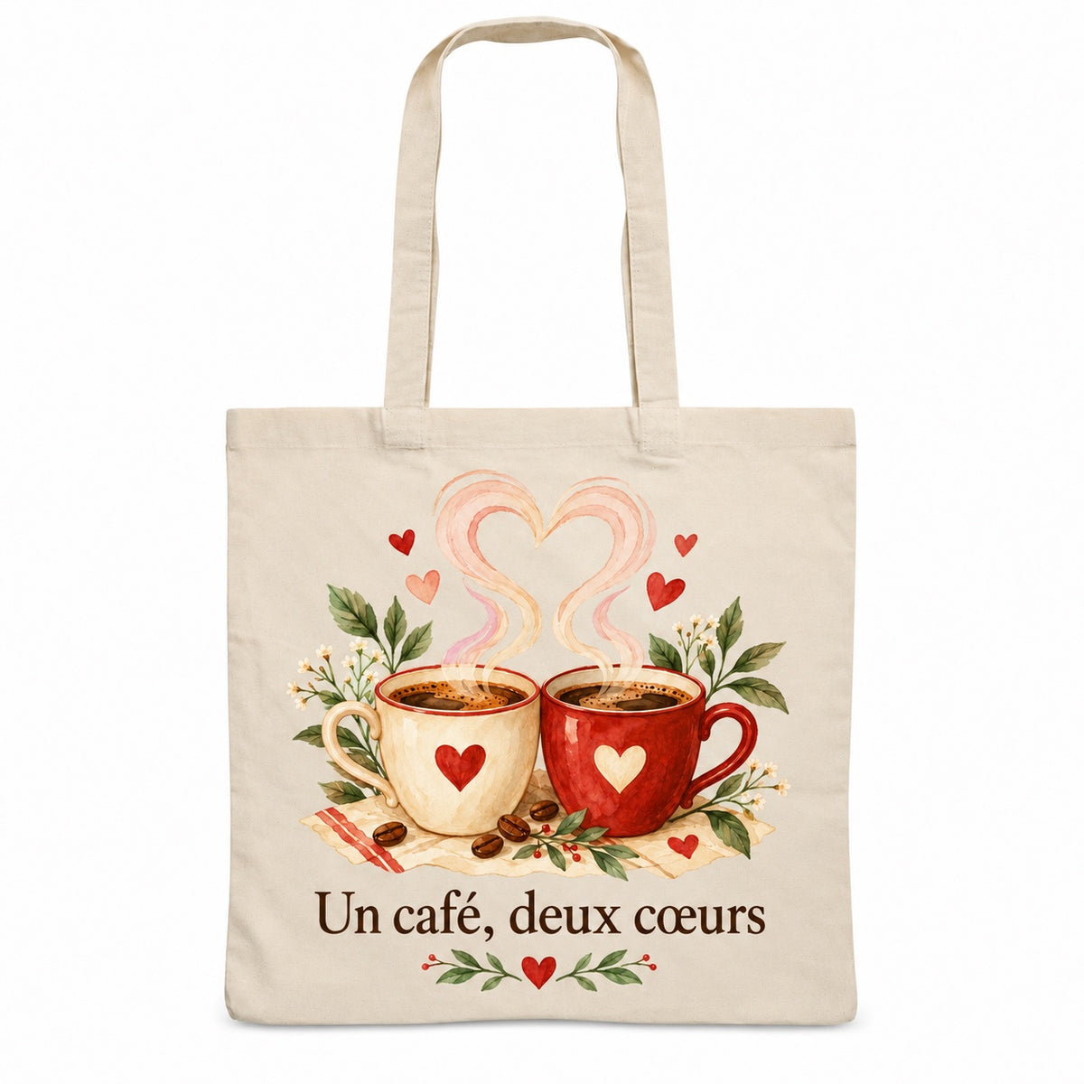 Tote bag « Un café, deux cœurs » Essentiel, sac plat en coton naturel 140 g/m² de 38 × 42 cm, illustration aquarelle rétro : deux tasses de café et leur vapeur en cœur