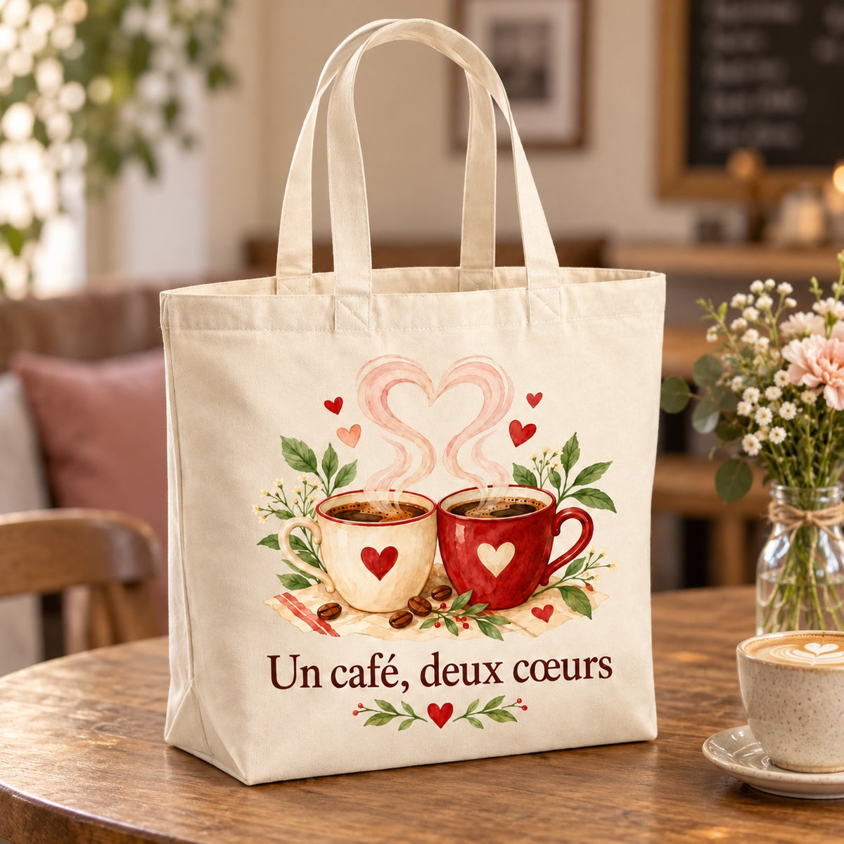 Tote bag « Un café, deux cœurs » Premium posé sur une table de café