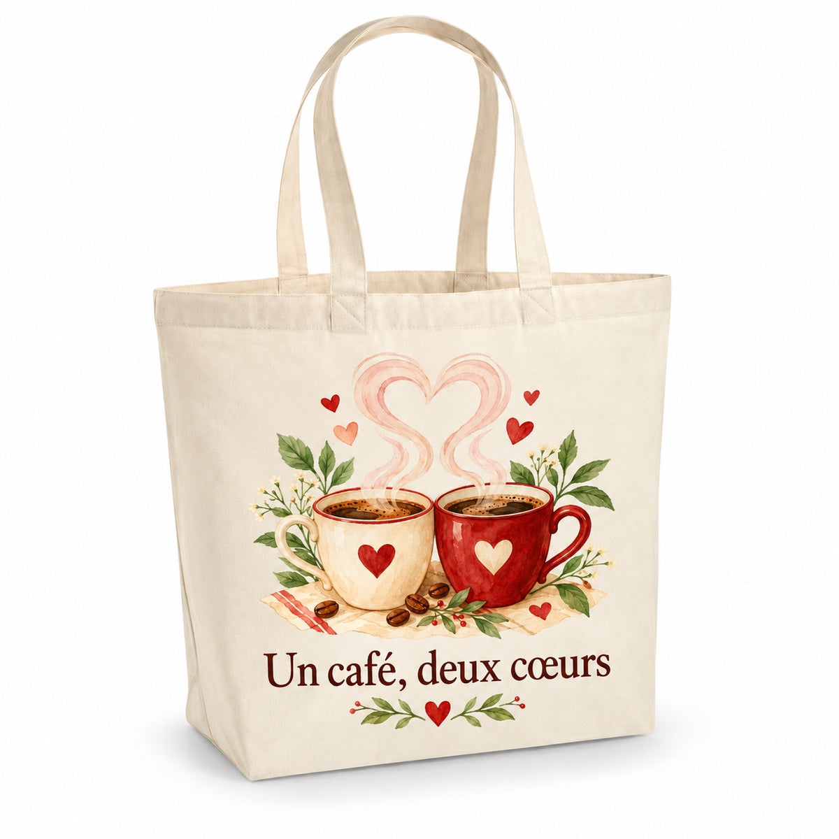 Tote bag « Un café, deux cœurs » Premium, cabas à soufflet en coton naturel 200 g/m² de 18 litres, illustration aquarelle rétro